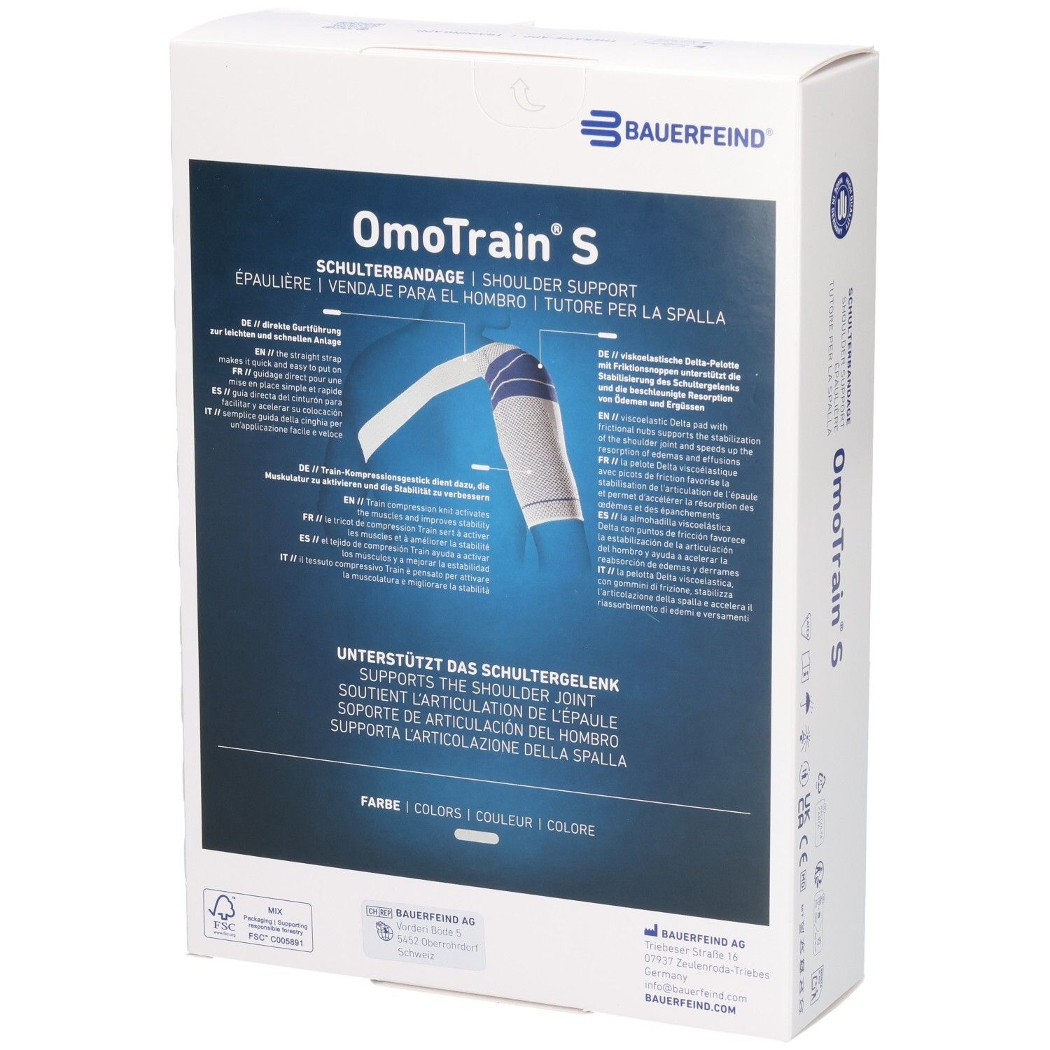 Rückseite der Bauerfeind OmoTrain S Schulterbandage Verpackung mit detaillierten Informationen und Anwendungshinweisen.