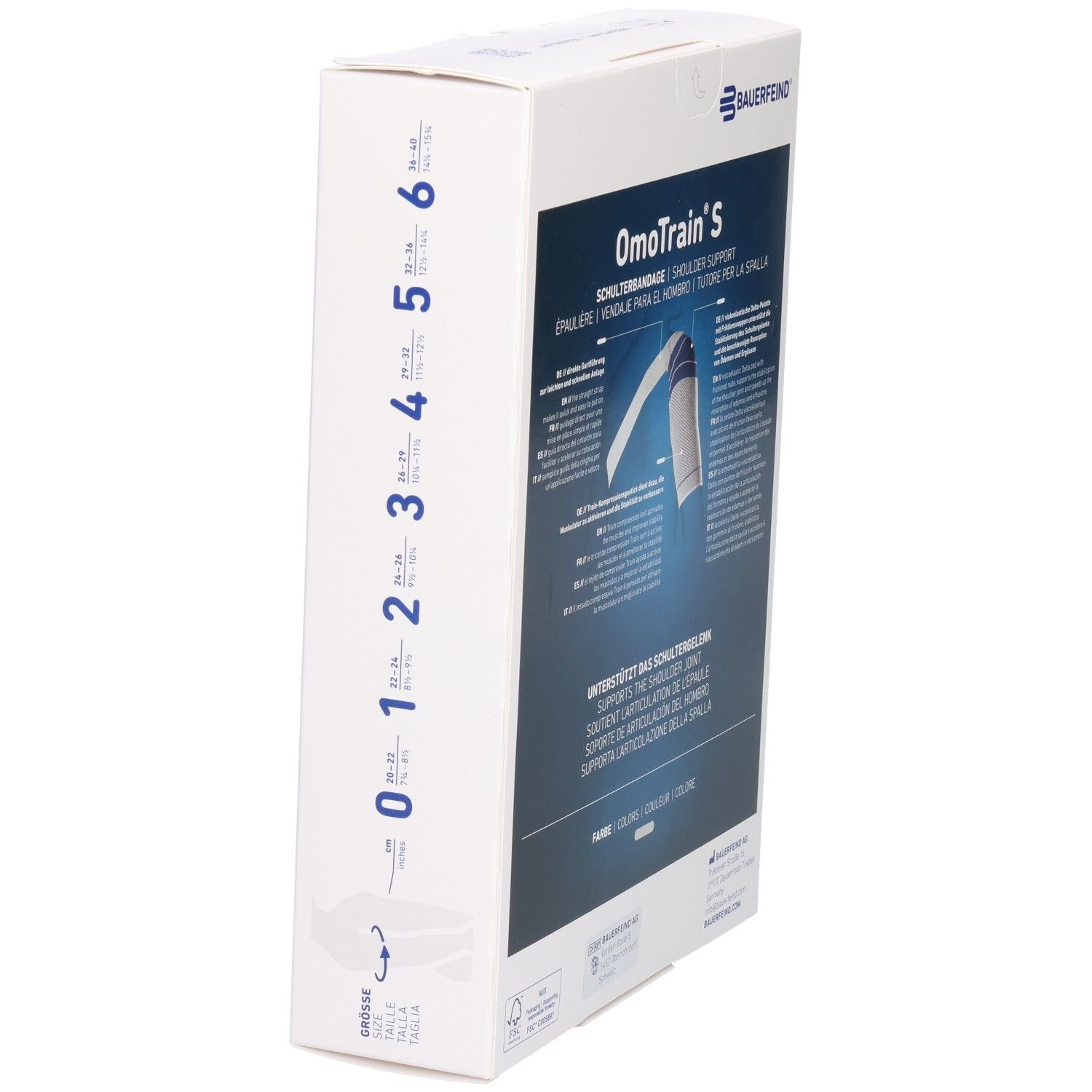 Seitenansicht der Bauerfeind OmoTrain S Schulterbandage Verpackung mit Größenskala von 0 bis 6.