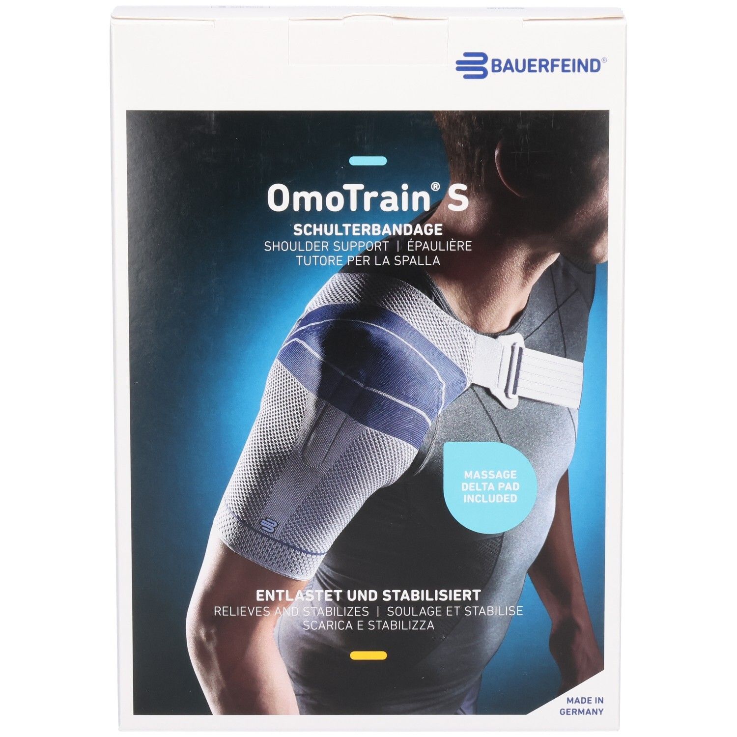 Bauerfeind OmoTrain S Schulterbandage Verpackung mit Abbildung eines Mannes, der die Bandage trägt.