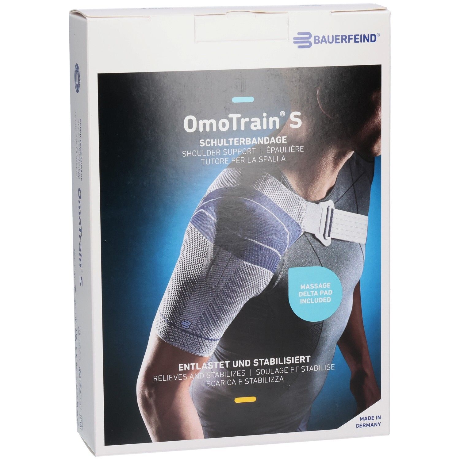 Bauerfeind OmoTrain S Schulterbandage Verpackung mit Abbildung eines Mannes, der die Bandage trägt.