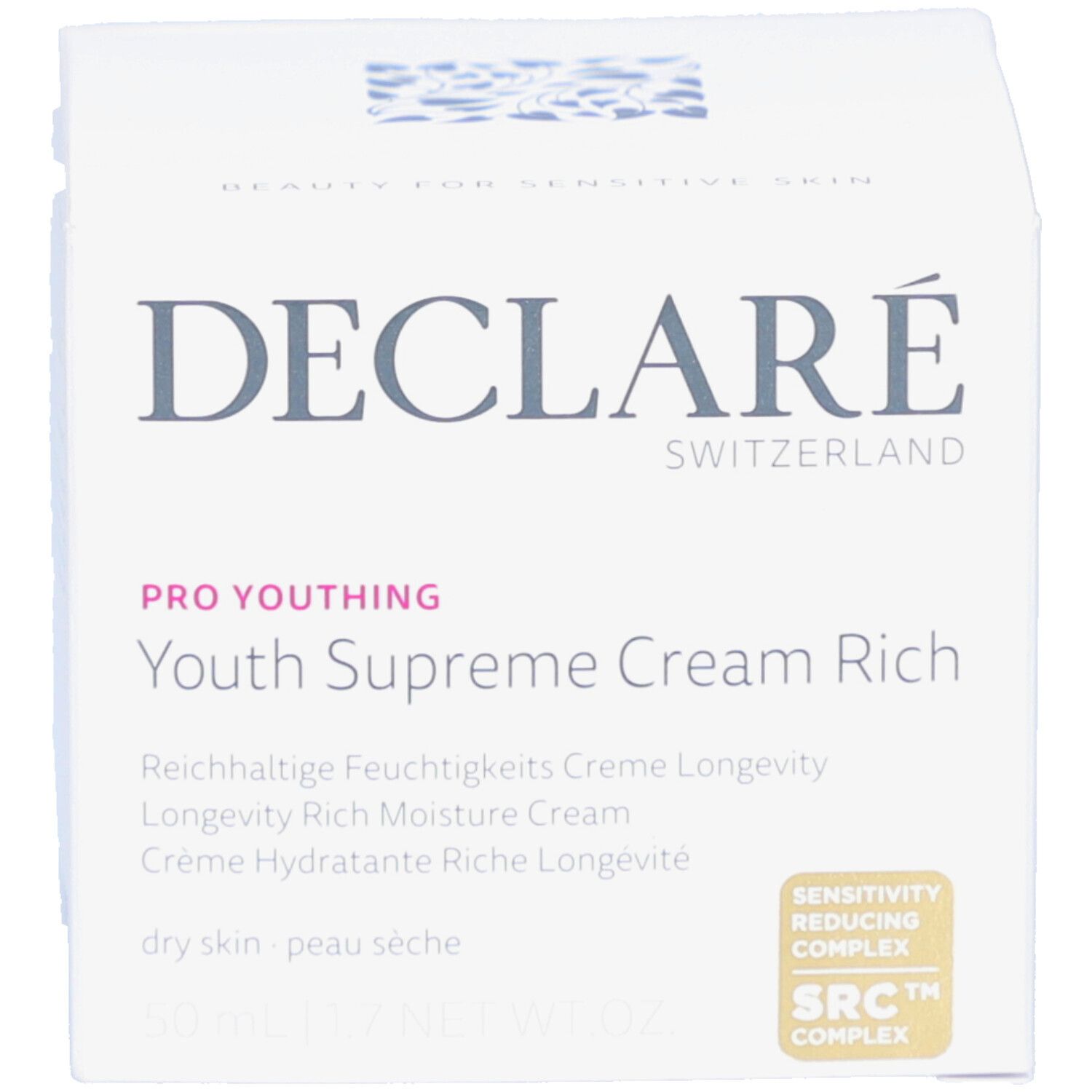 Weiße Schachtel mit Aufschrift: DECLARÉ, Youth Supreme Cream Rich. Text und Logo. Zertifizierung.