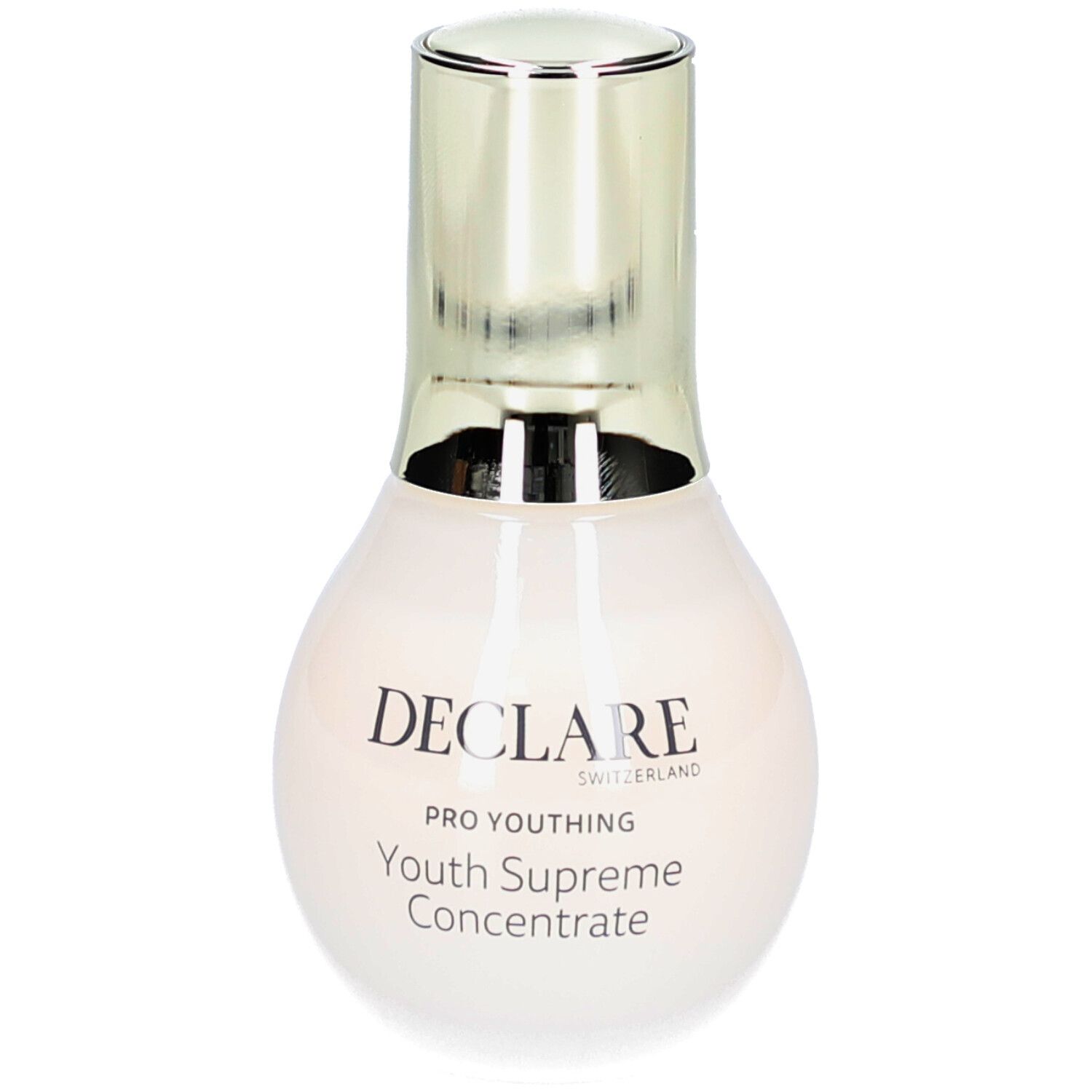 Beige Flasche mit goldenem Deckel. Aufschrift: DECLARÉ SWITZERLAND, PRO YOUTH, Youth Supreme Concentrate.