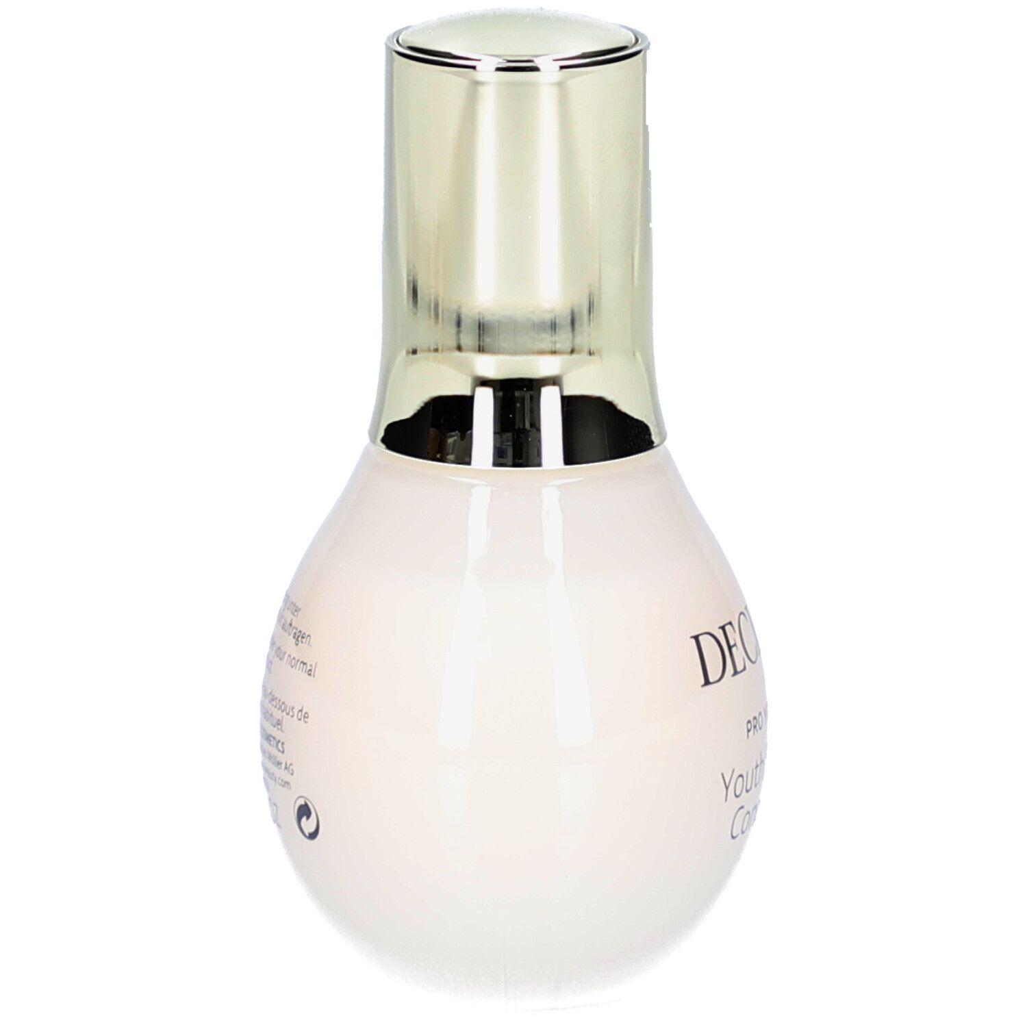 Beige Flasche mit goldenem Deckel. Rückseite mit Text. DECLARÉ, PRO YOUTH, Youth Supreme Concentrate.