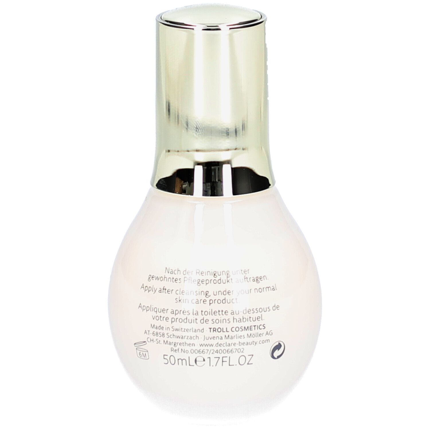Beige Flasche mit goldenem Deckel. Rückseite mit Text. 50ml, 1.7FL.OZ. DECLARÉ, PRO YOUTH, Youth Supreme Concentrate.
