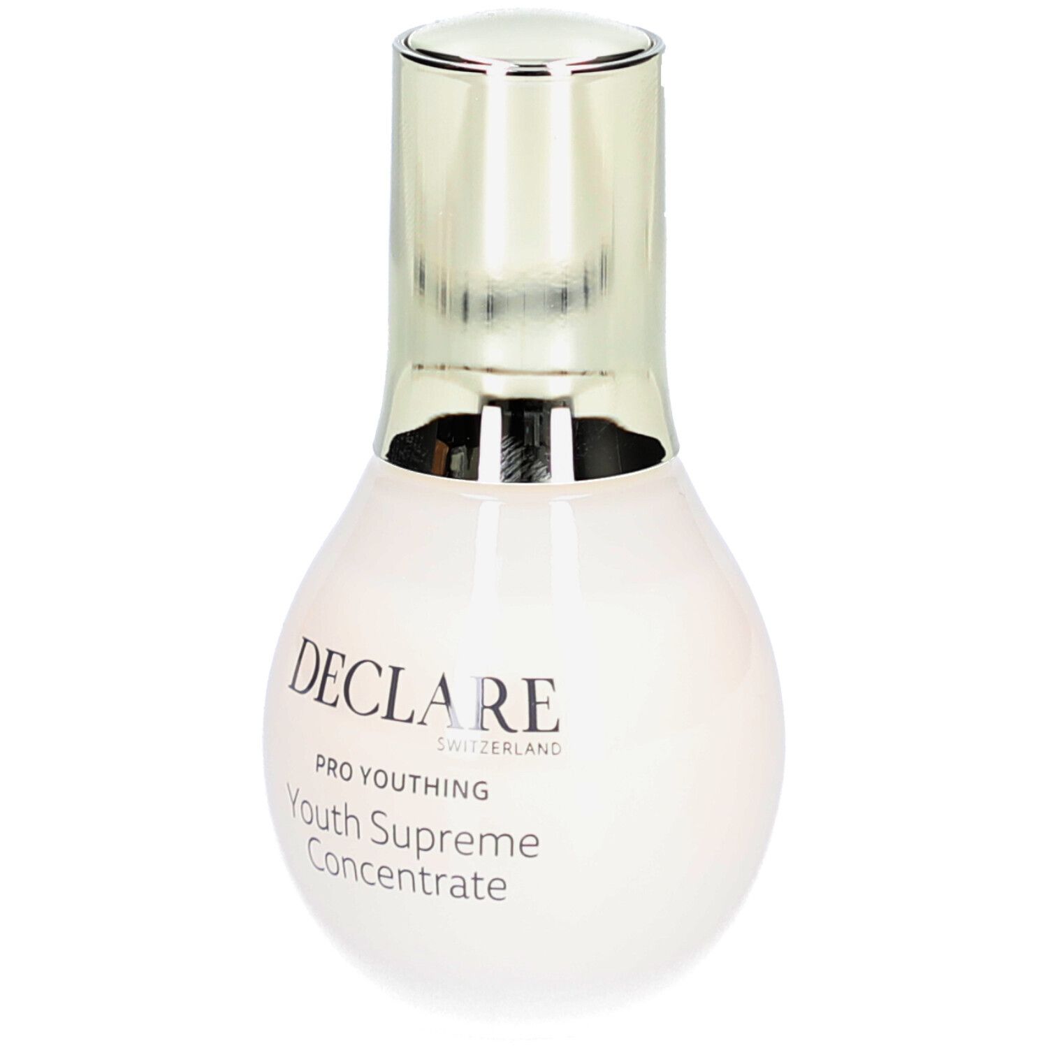 Beige Flasche mit goldenem Deckel. Aufschrift: DECLARÉ SWITZERLAND, PRO YOUTH, Youth Supreme Concentrate.