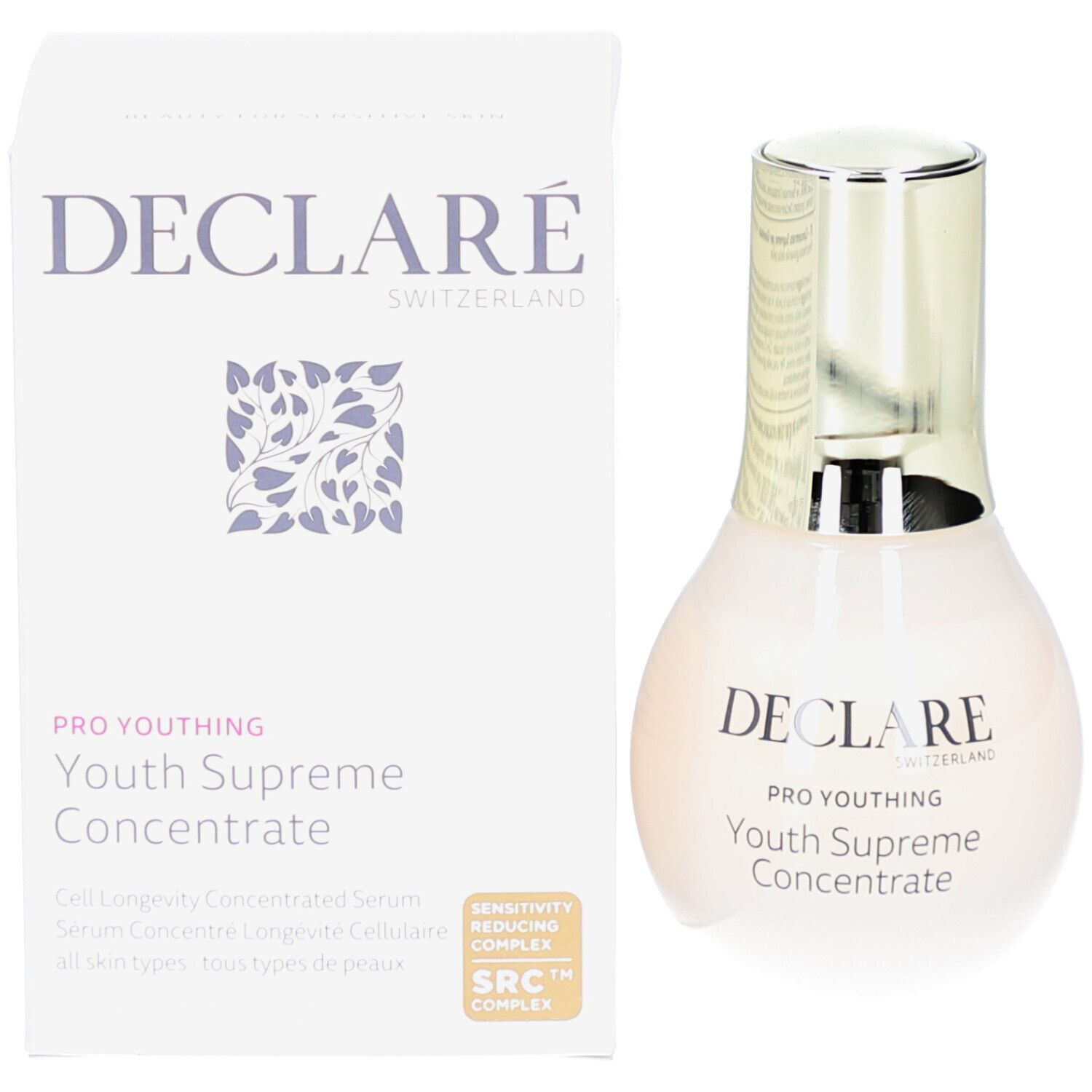 Produkt und Verpackung. Flasche mit goldenem Deckel. Aufschrift: DECLARÉ, PRO YOUTH, Youth Supreme Concentrate.
