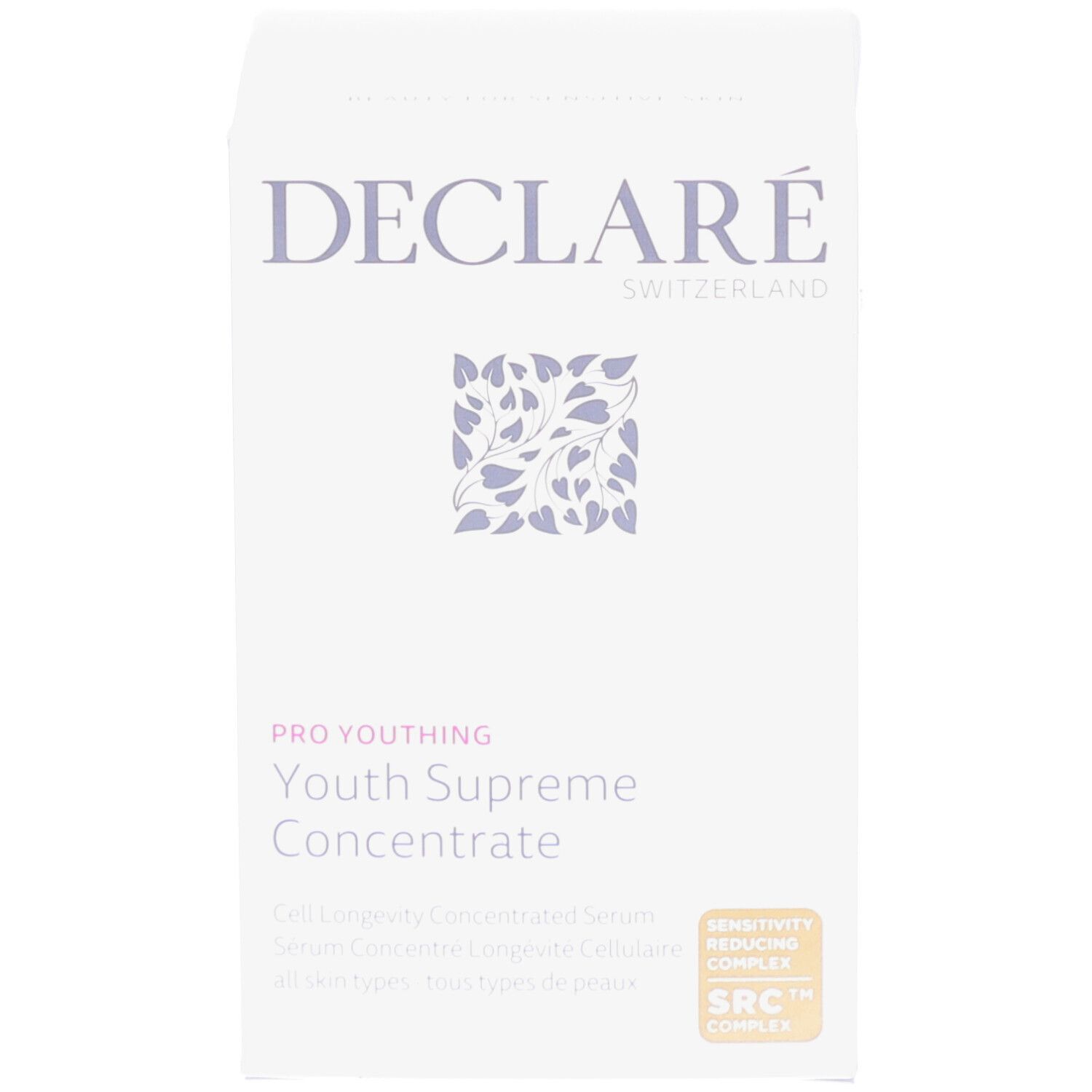 Verpackung. Aufschrift: DECLARÉ SWITZERLAND, PRO YOUTH, Youth Supreme Concentrate. Mit Zertifizierungen.