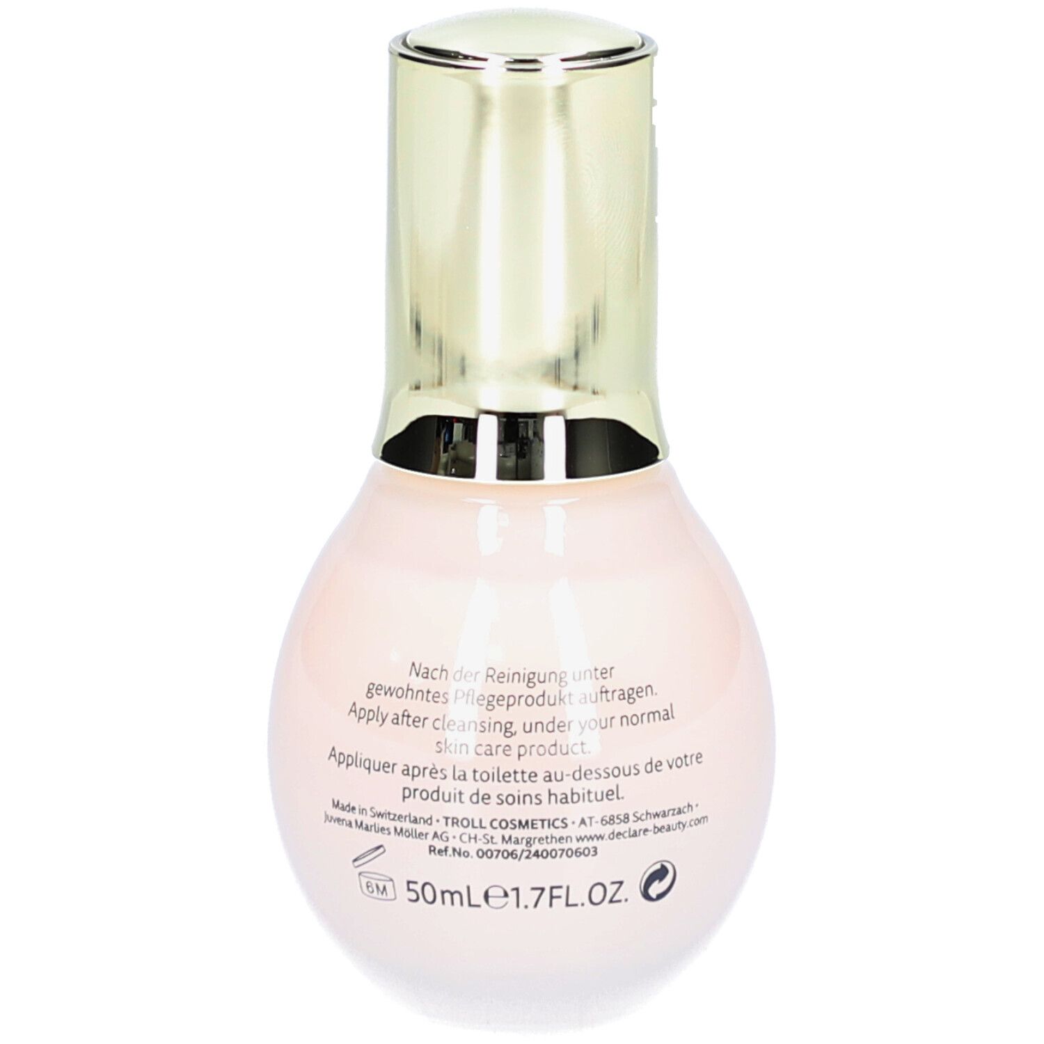 Deklaré Stress Balance Anti-Irritation Serum. Rosa Flasche mit goldfarbenem Deckel. Beschriftung: DECLARÉ, Stress Balance, Anti-Irritation Serum.