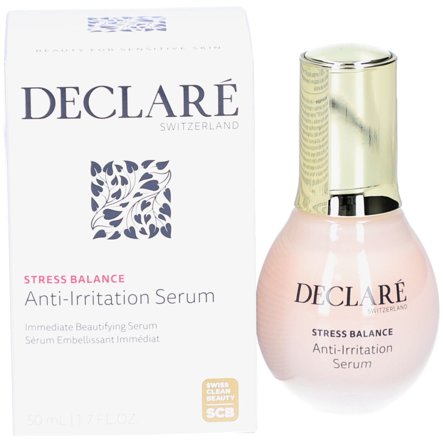 Deklaré Stress Balance Anti-Irritation Serum und Verpackung. Flasche und Karton. Beschriftung: DECLARÉ, Stress Balance, Anti-Irritation Serum.