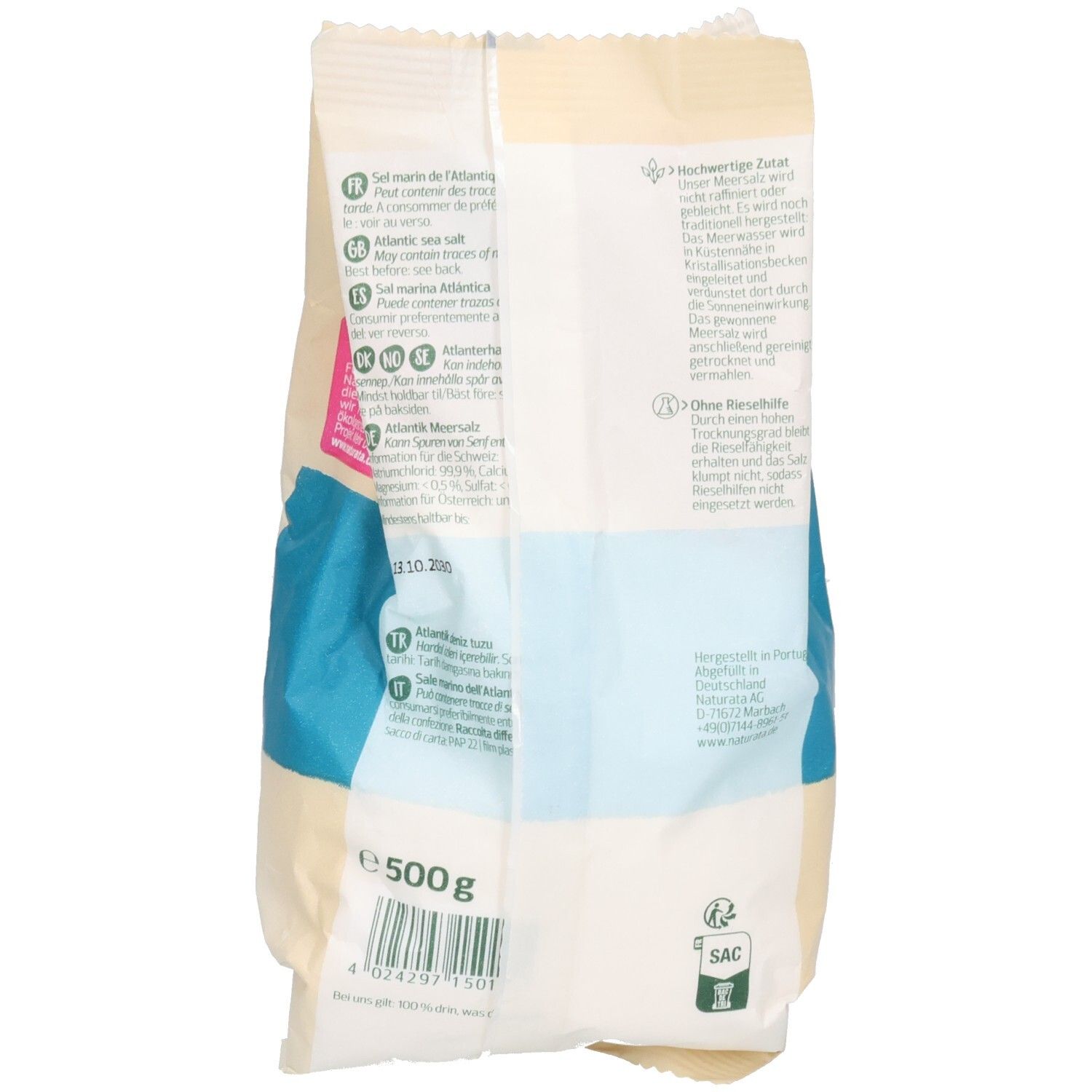 Rückseite der Salzverpackung. Text in mehreren Sprachen. Gewicht: 500g. Siegel.