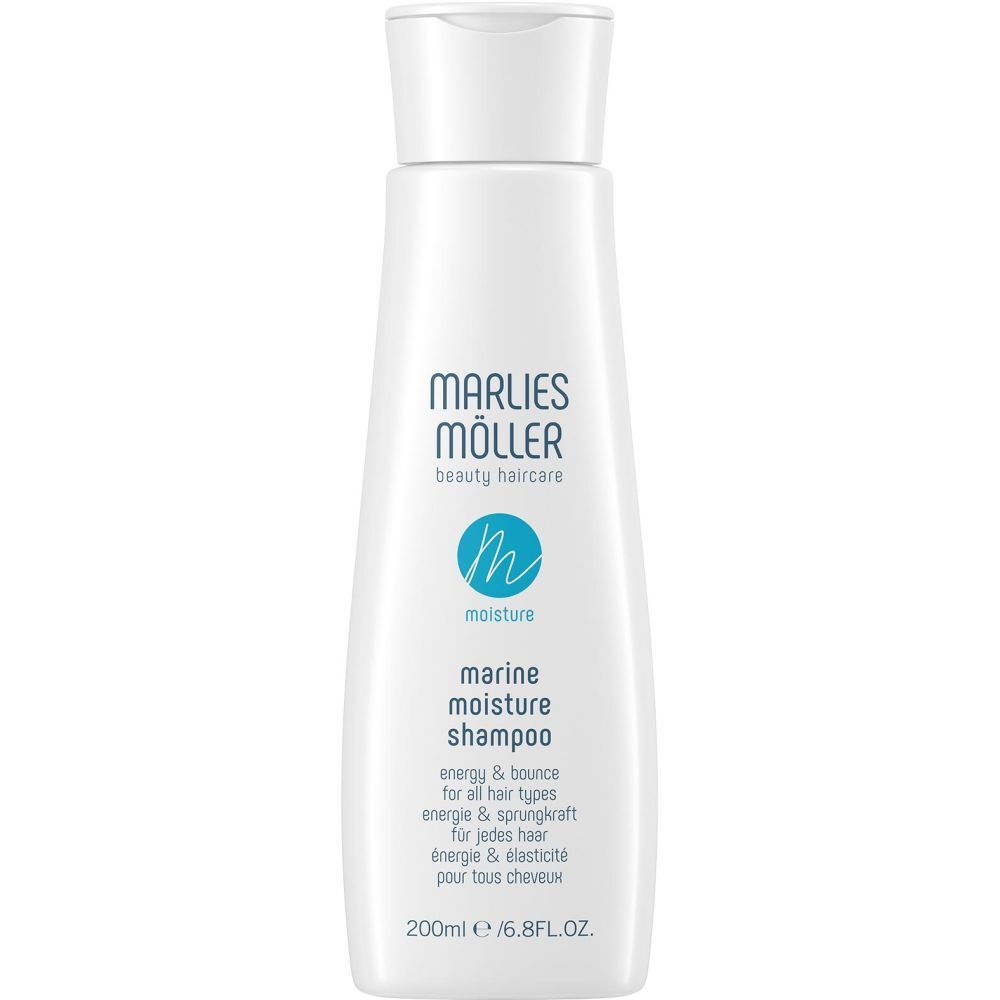 Weiße Flasche mit blauem Shampoo. Aufschrift: Marlies Möller, Marine Moisture Shampoo. 200ml.