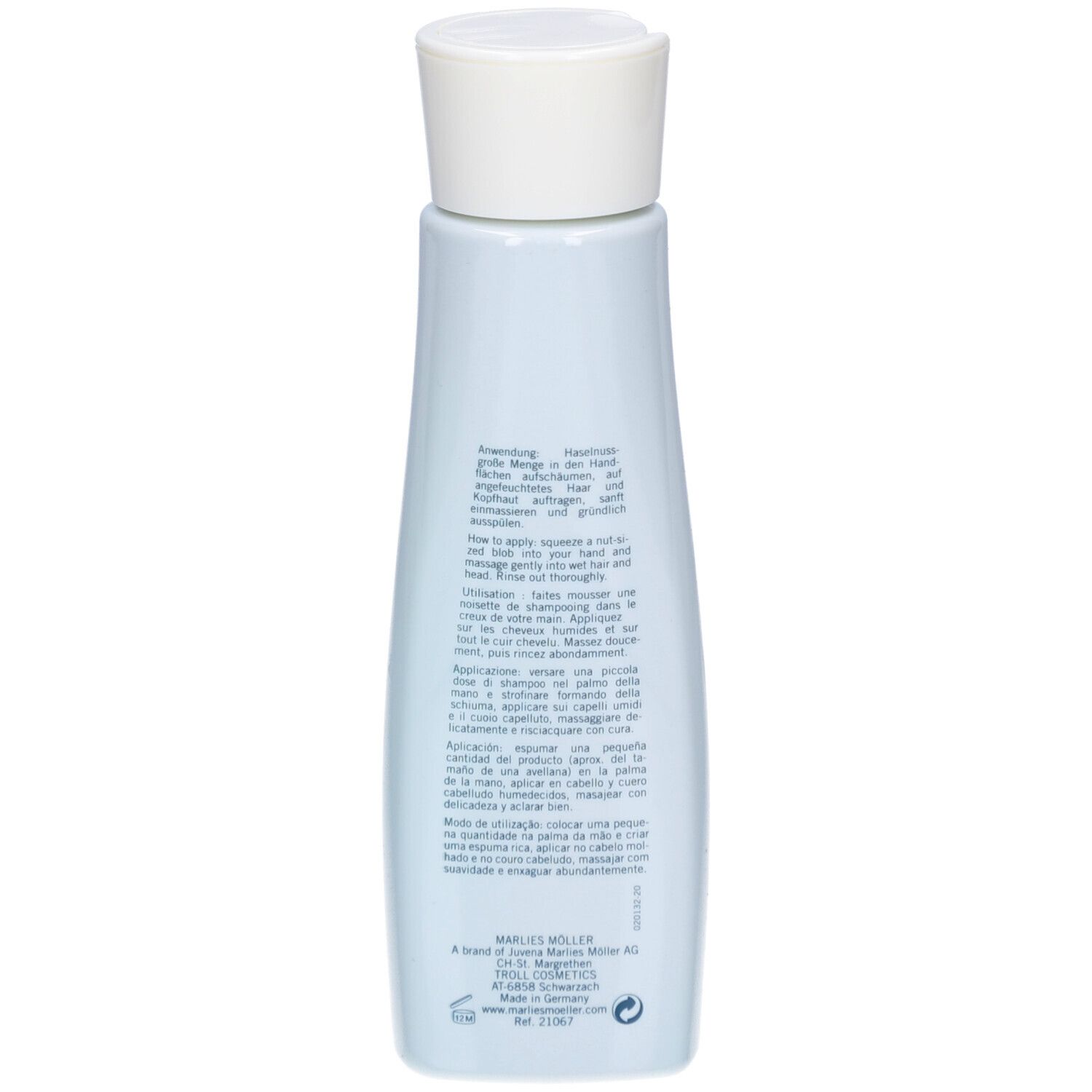 Verpackung mit Shampoo-Flasche. Aufschrift: Marlies Möller, Marine Moisture Shampoo.