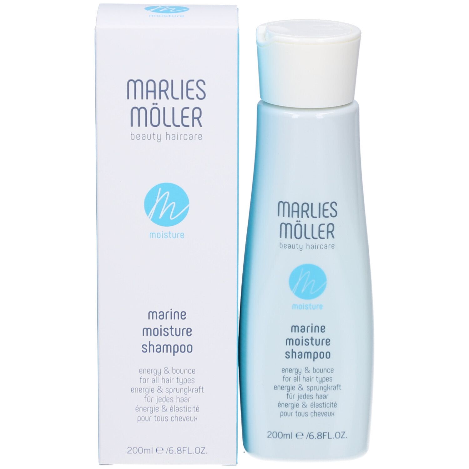 Verpackung mit Shampoo. Aufschrift: Marlies Möller, Marine Moisture Shampoo.