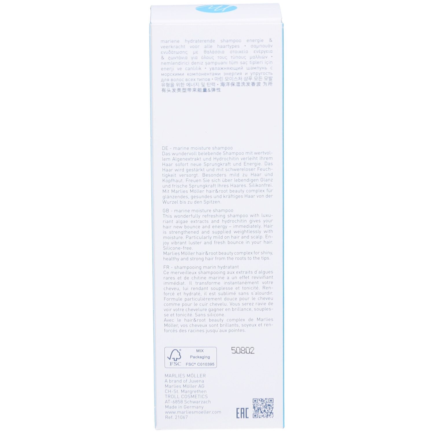 Shampoo-Flasche. Aufschrift: Marlies Möller, Marine Moisture Shampoo. 200ml.