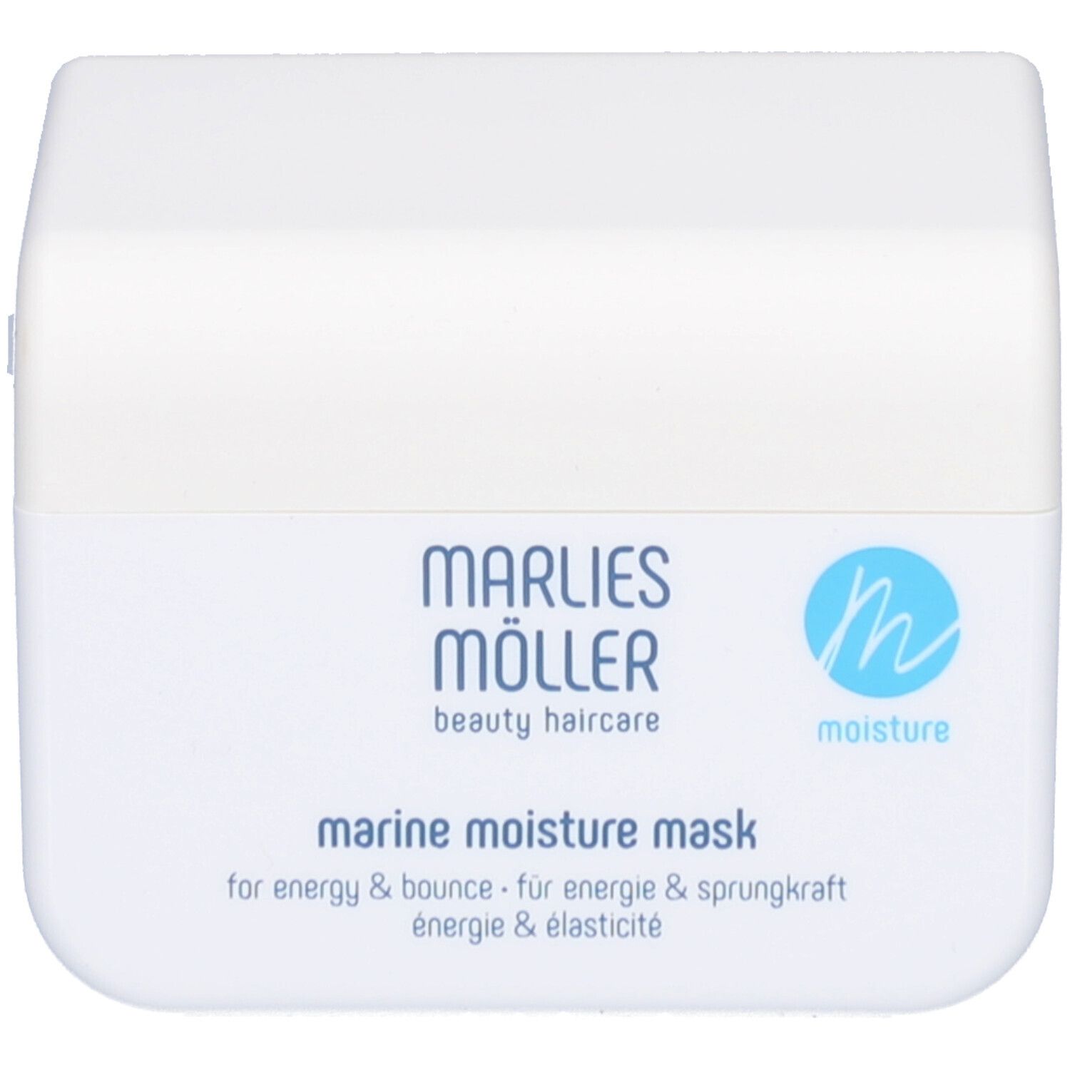 Weißer Tiegel mit blauer Aufschrift. Marlies Möller Marine Moisture Mask. Text in Deutsch, Englisch und Französisch.