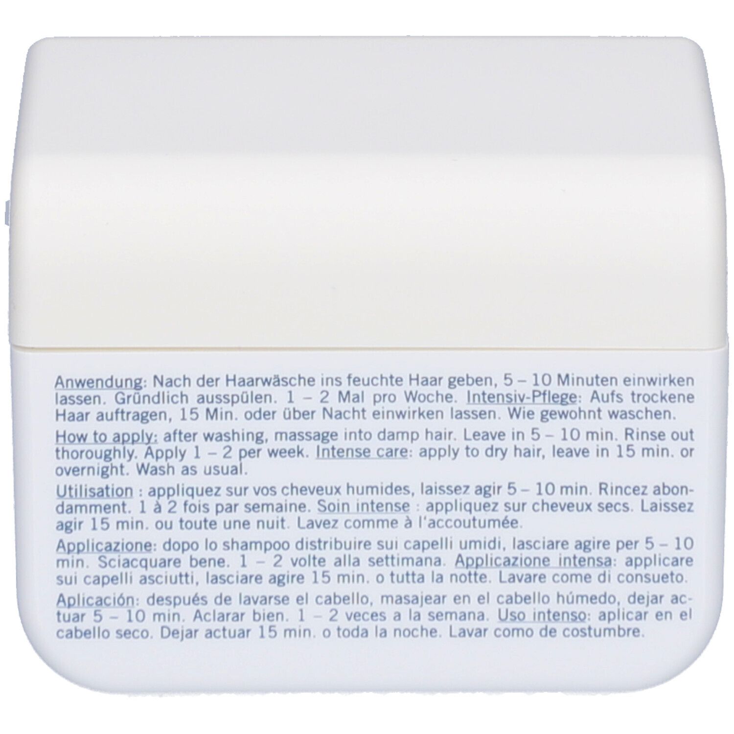 Rückseite des weißen Tiegels. Text in mehreren Sprachen. Marlies Möller Marine Moisture Mask.