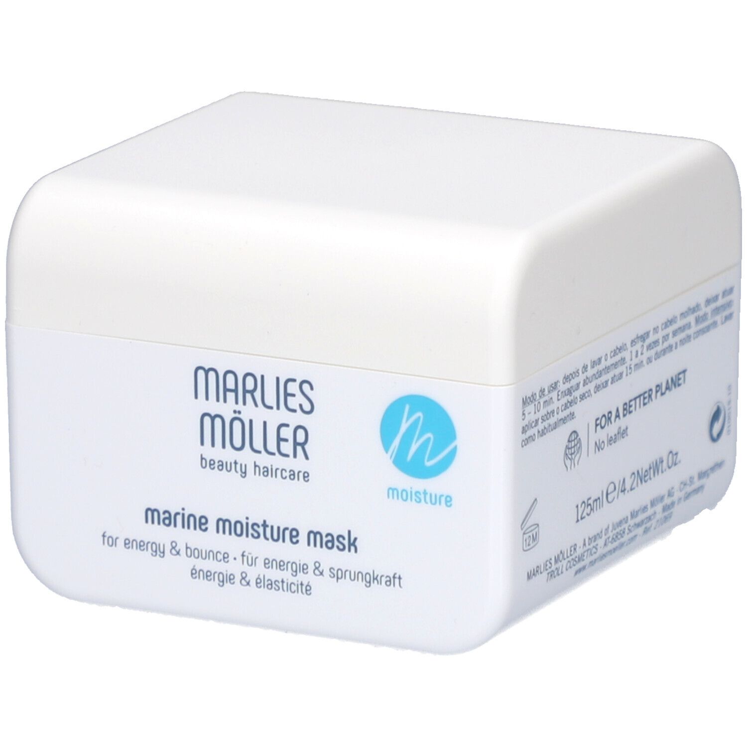 Weißer Tiegel mit blauer Aufschrift. Marlies Möller Marine Moisture Mask. Text in Deutsch, Englisch und Französisch.