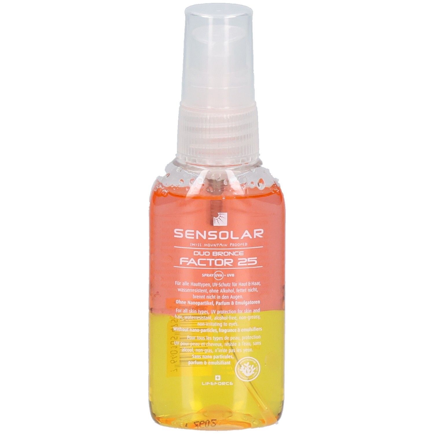 Sensolar Sonnenschutz LSF25. Sprayflasche mit gelber und oranger Flüssigkeit. Transparenter Sprühkopf. Text: LSF25, für Haut & Haare.