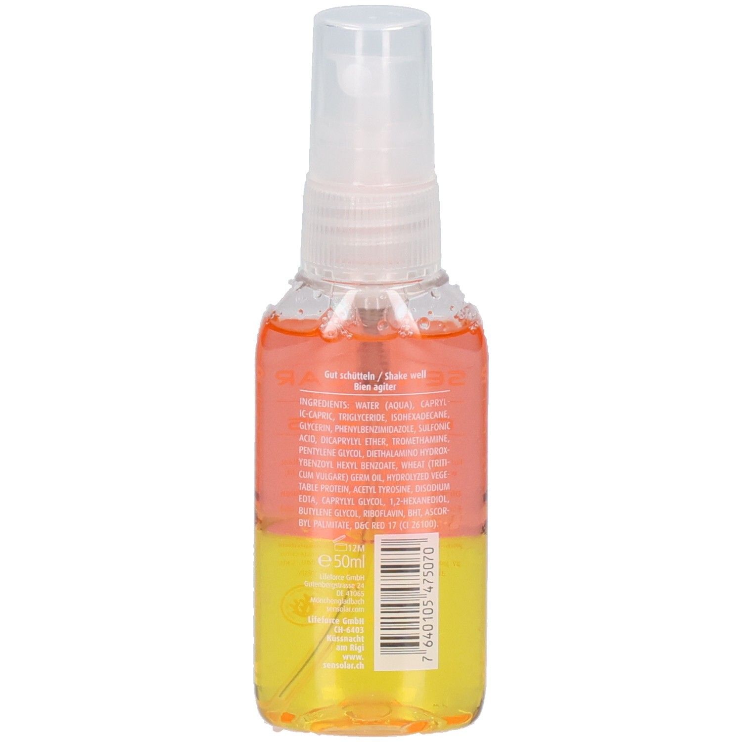 Rückseite der Sensolar Sonnenschutz LSF25 Sprayflasche. Gelbe und orangefarbene Flüssigkeit. Transparenter Sprühkopf. Barcode und Text.