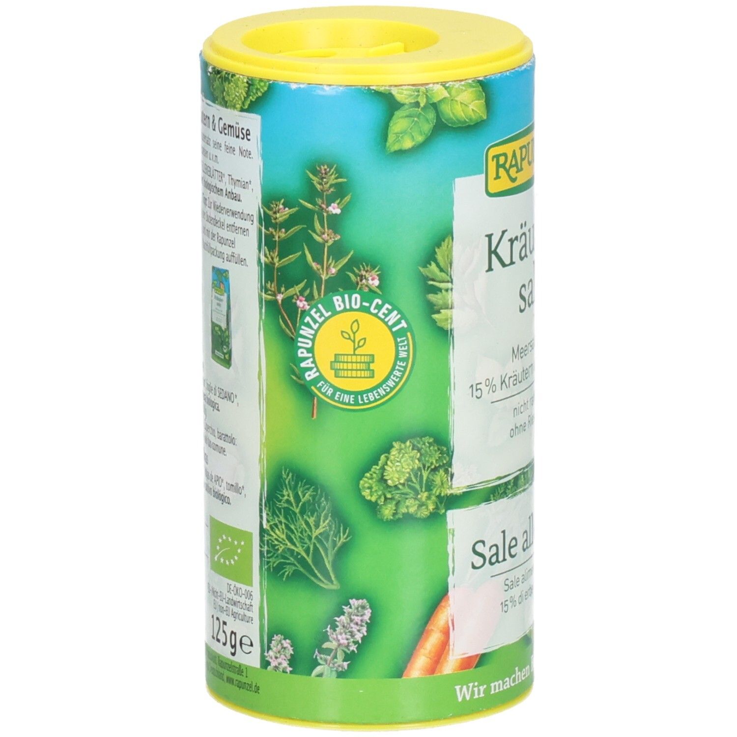 Rapunzel Kräutersalz mit Gemüse, 125g Dose mit Kräuter- und Gemüsedekor, Bio-Siegel.