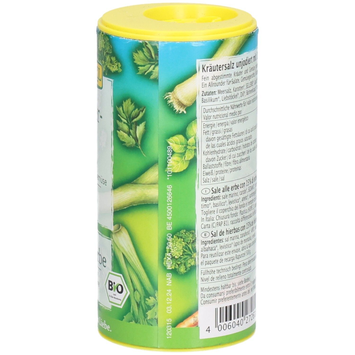 Seitenansicht Rapunzel Kräutersalz mit Gemüse, Dose mit Kräuter- und Gemüsemotiv, Bio-Siegel.