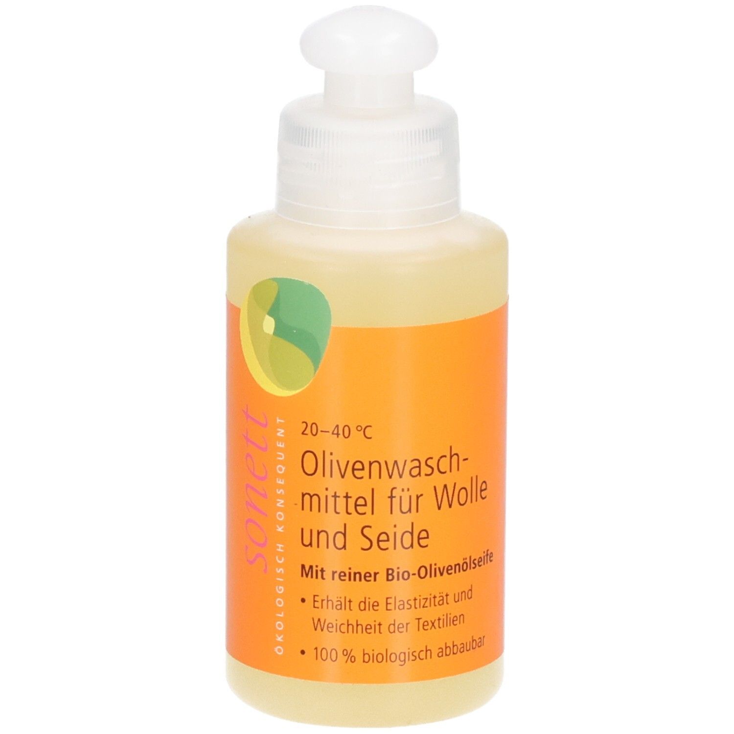 Flasche mit Olivenwaschmittel für Wolle und Seide. Orangefarbenes Etikett mit Produktinformationen und Logo.