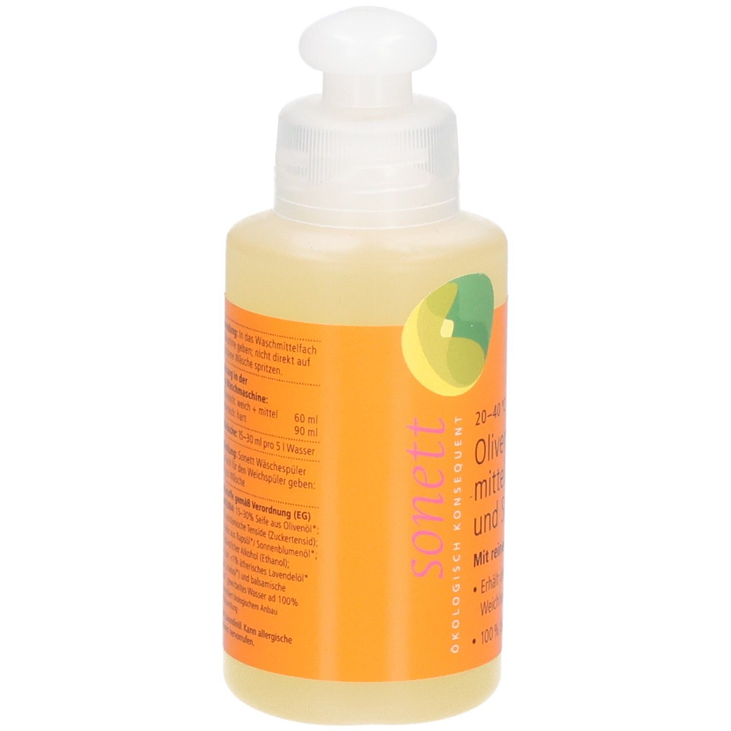 Flasche mit Olivenwaschmittel. Rückseite mit Dosierungsanleitung und Inhaltsstoffen. Orangefarbenes Etikett.