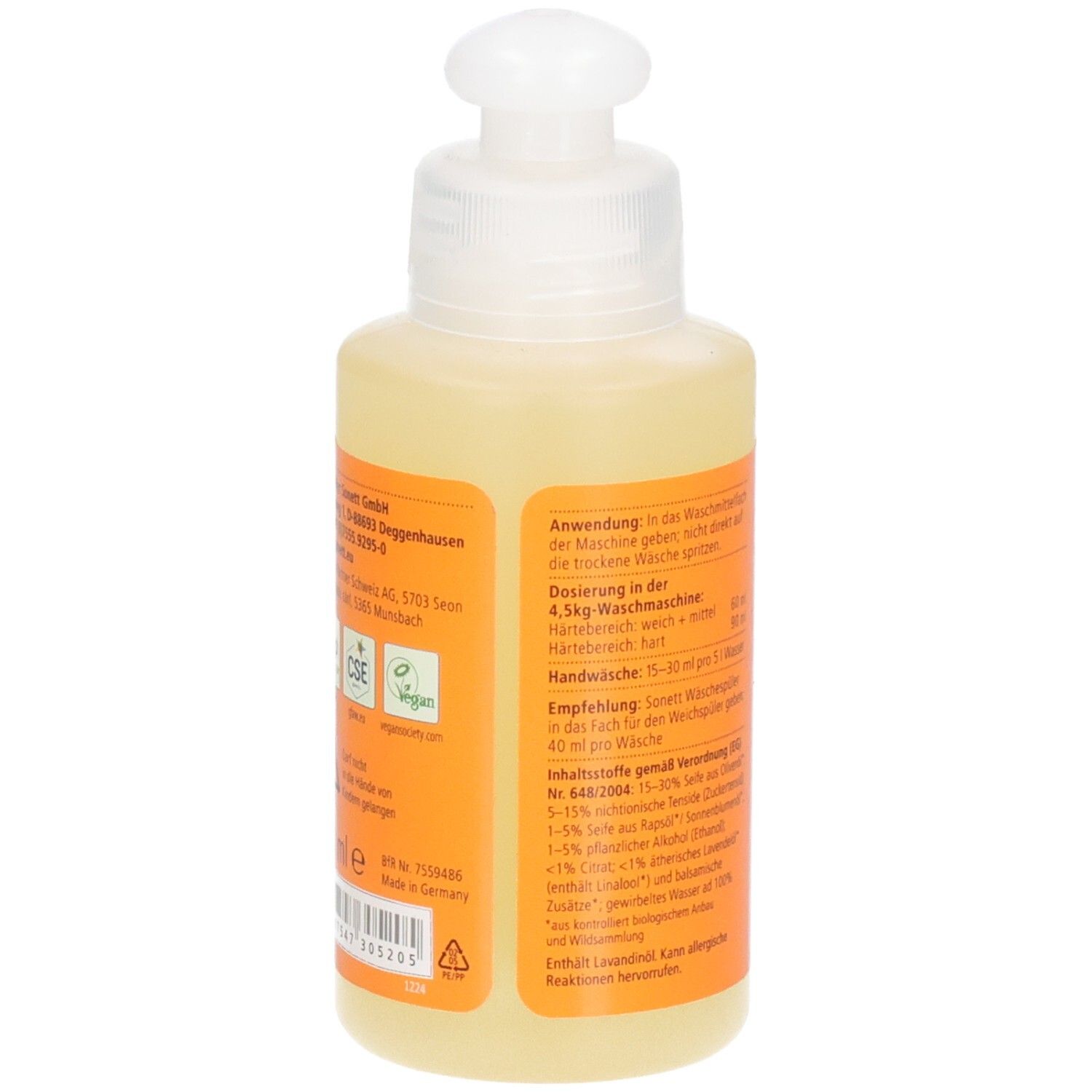 Flasche mit Olivenwaschmittel. Rückseite mit Herstellerinformationen und Zertifizierungen. Orangefarbenes Etikett.