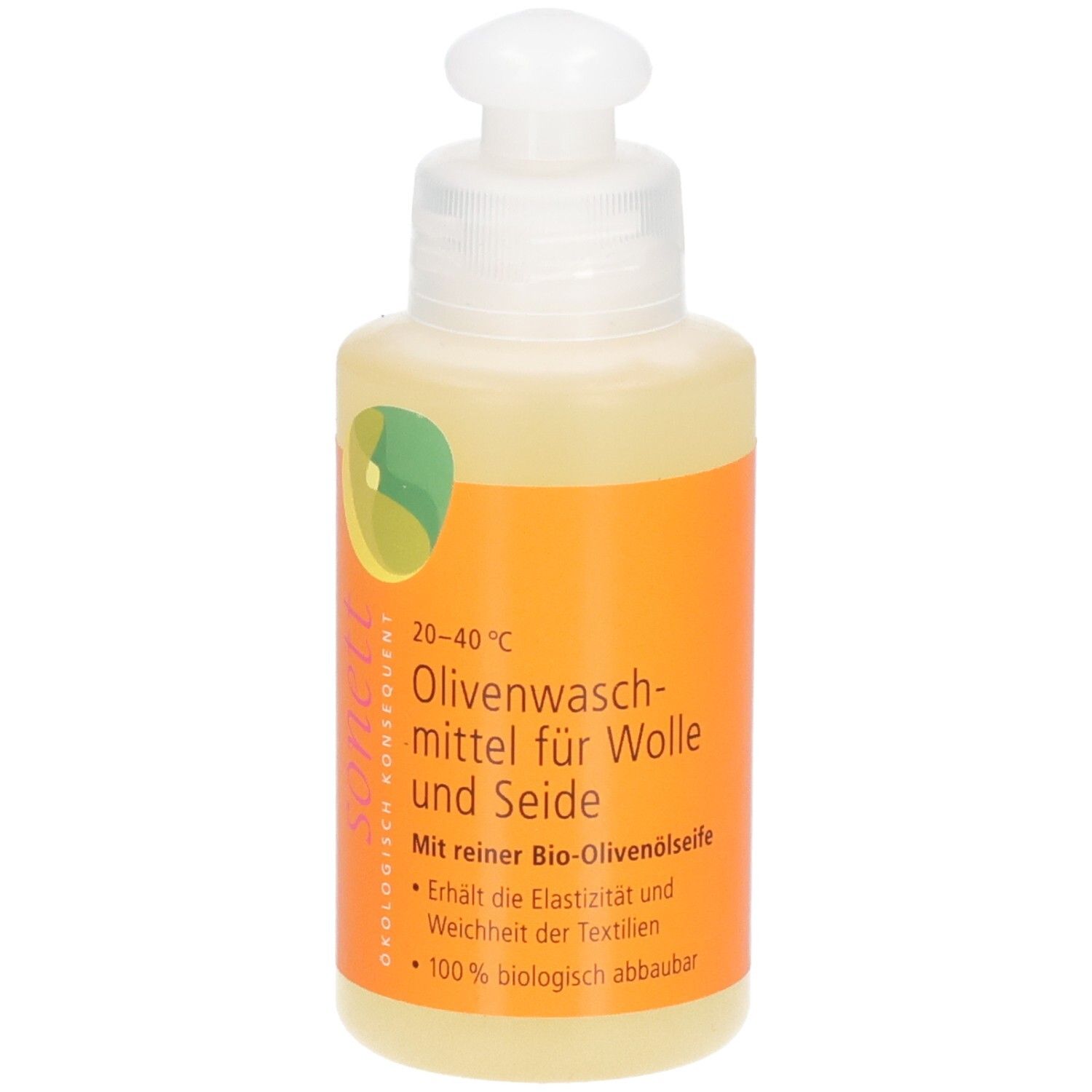 Flasche mit Olivenwaschmittel für Wolle und Seide. Orangefarbenes Etikett mit Produktinformationen und Logo.