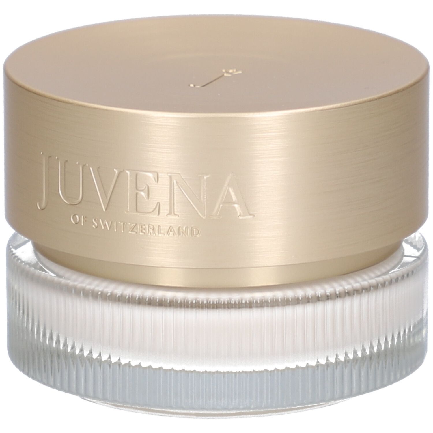 Creme-Glas mit goldfarbenem Deckel. Aufschrift: JUVENA OF SWITZERLAND. Geriffeltes Glas.