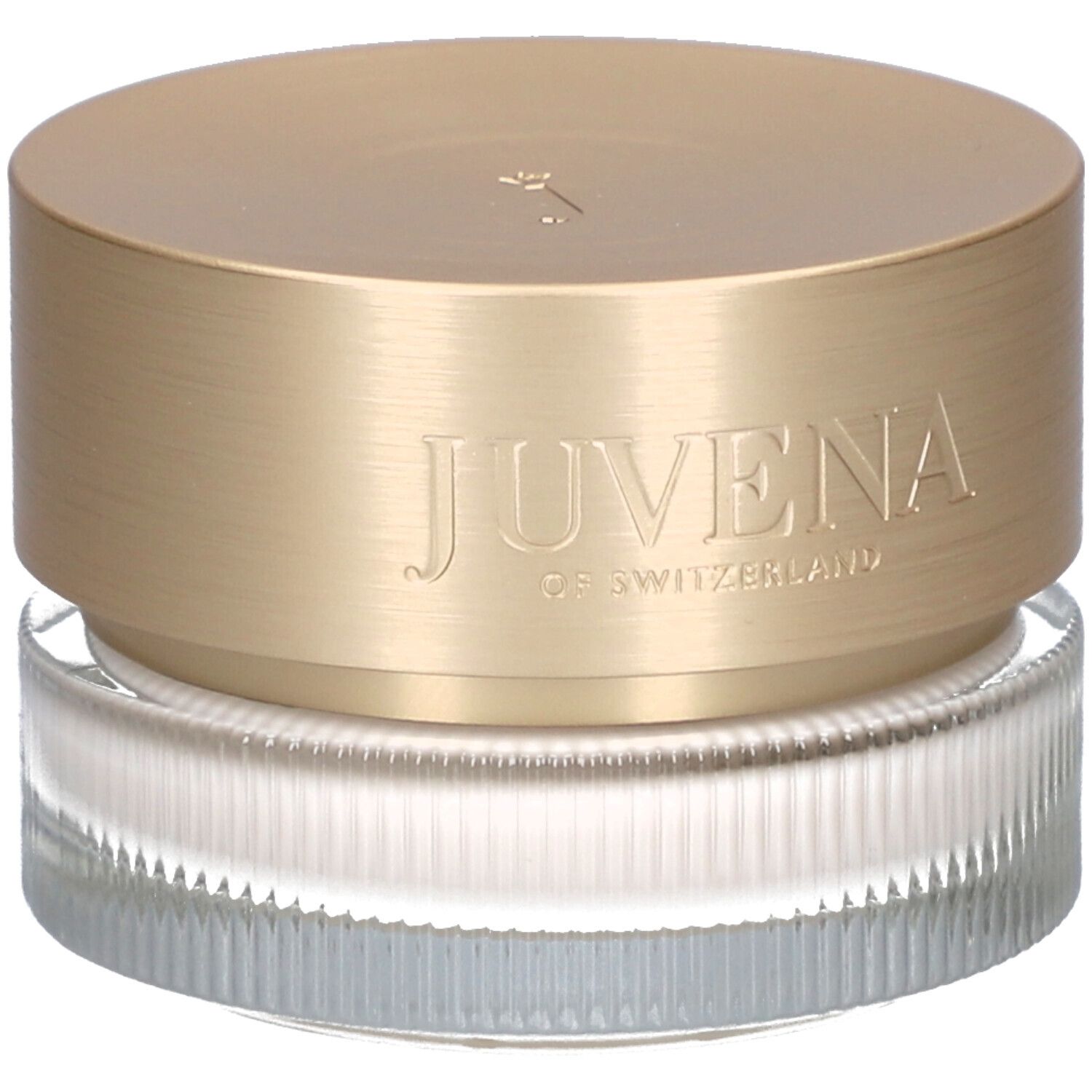 Creme-Glas mit goldfarbenem Deckel. Aufschrift: JUVENA OF SWITZERLAND. Geriffeltes Glas.