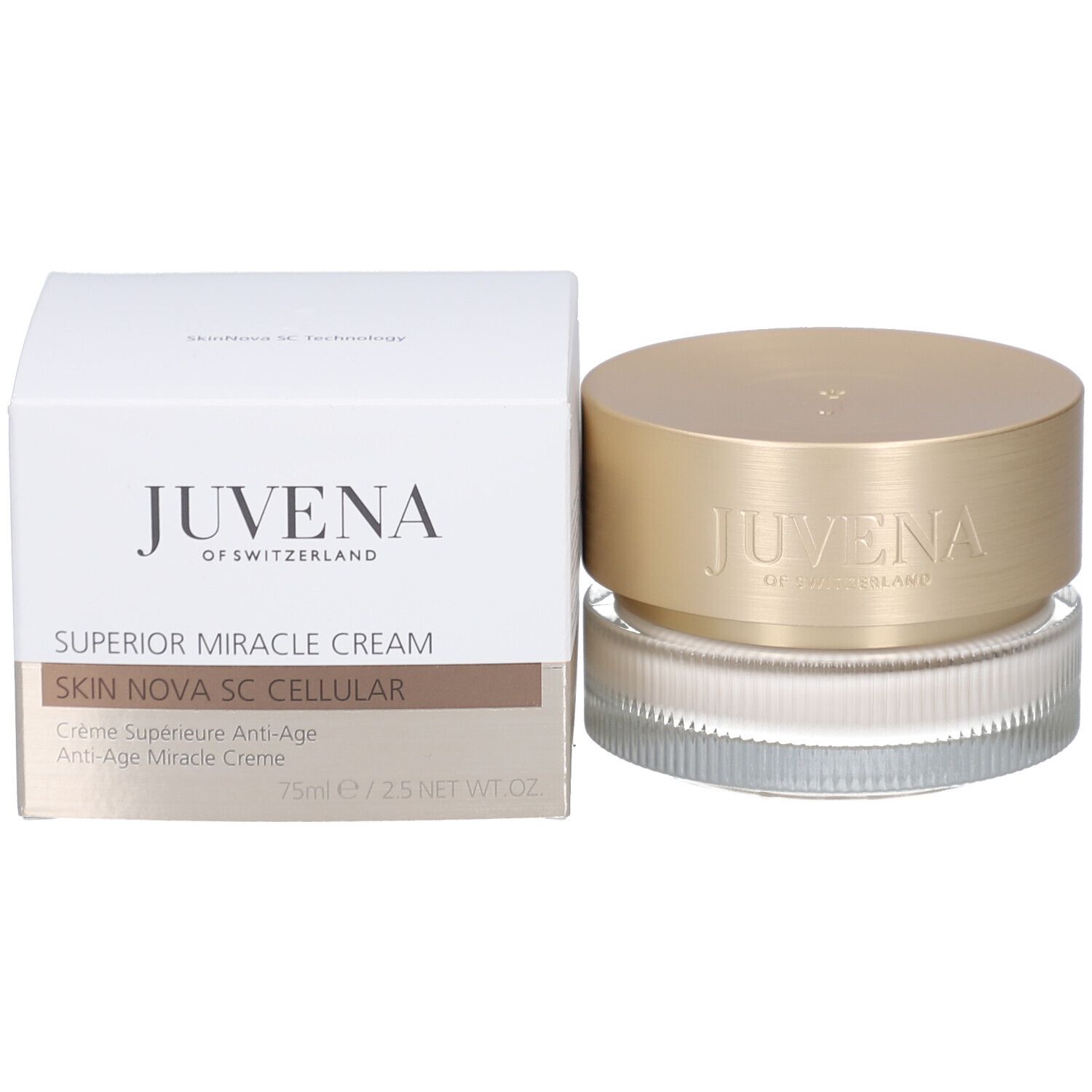 Creme-Glas mit goldfarbenem Deckel. Aufschrift: JUVENA OF SWITZERLAND. Geriffeltes Glas.