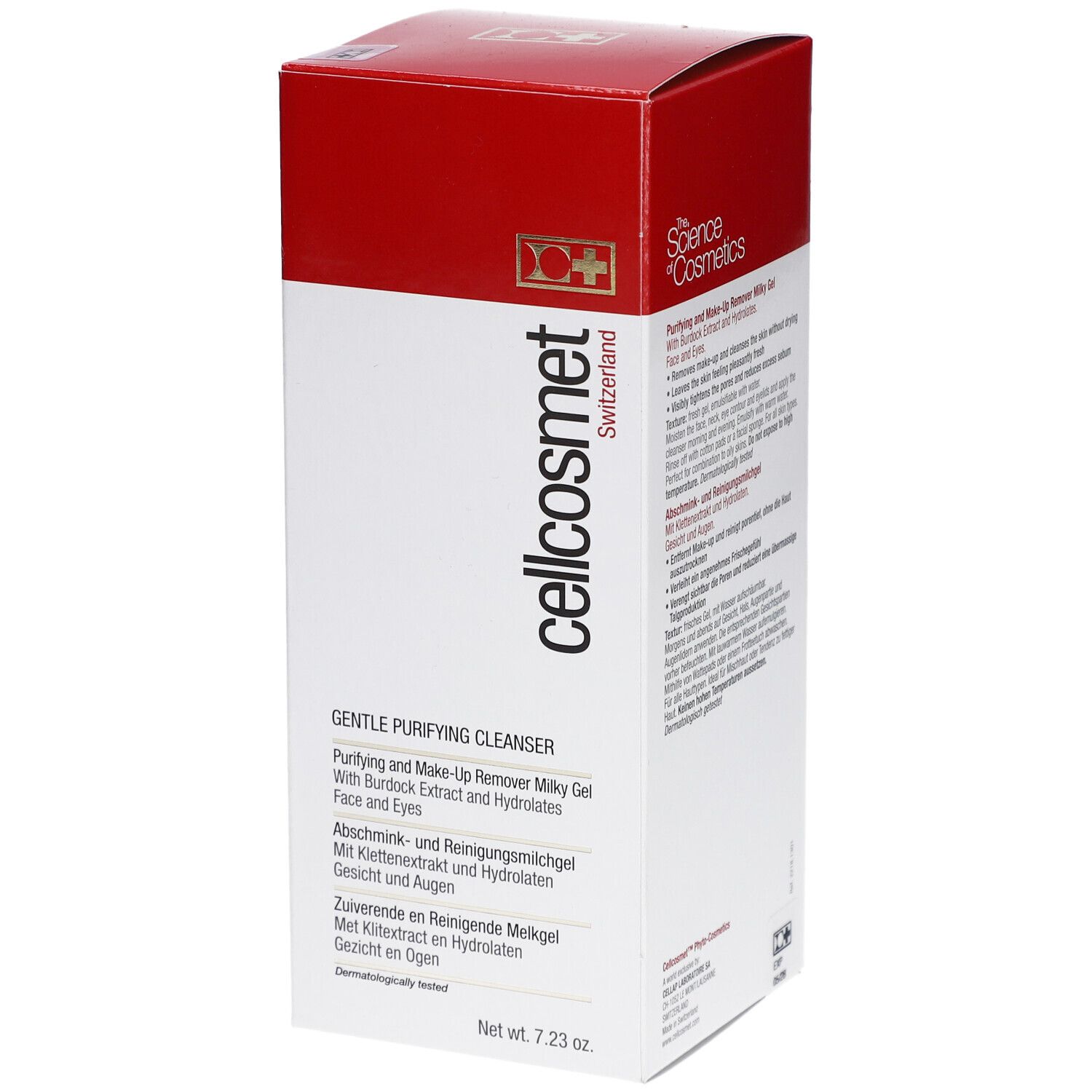 Weiß-rote Verpackung mit Produktinformationen. Aufschrift: cellcosmet, Gentle Purifying Cleanser. Herkunftsland: Schweiz.