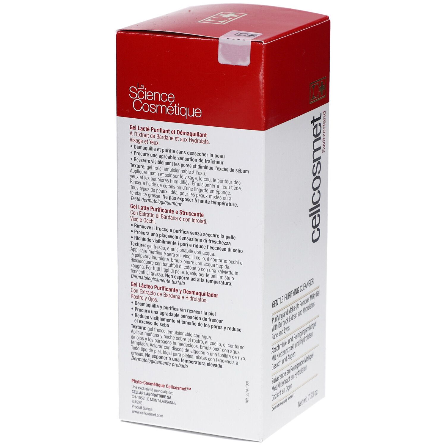 Rückseite der weiß-roten Verpackung. Text in mehreren Sprachen. Aufschrift: cellcosmet. Herkunftsland: Schweiz. Siegel.