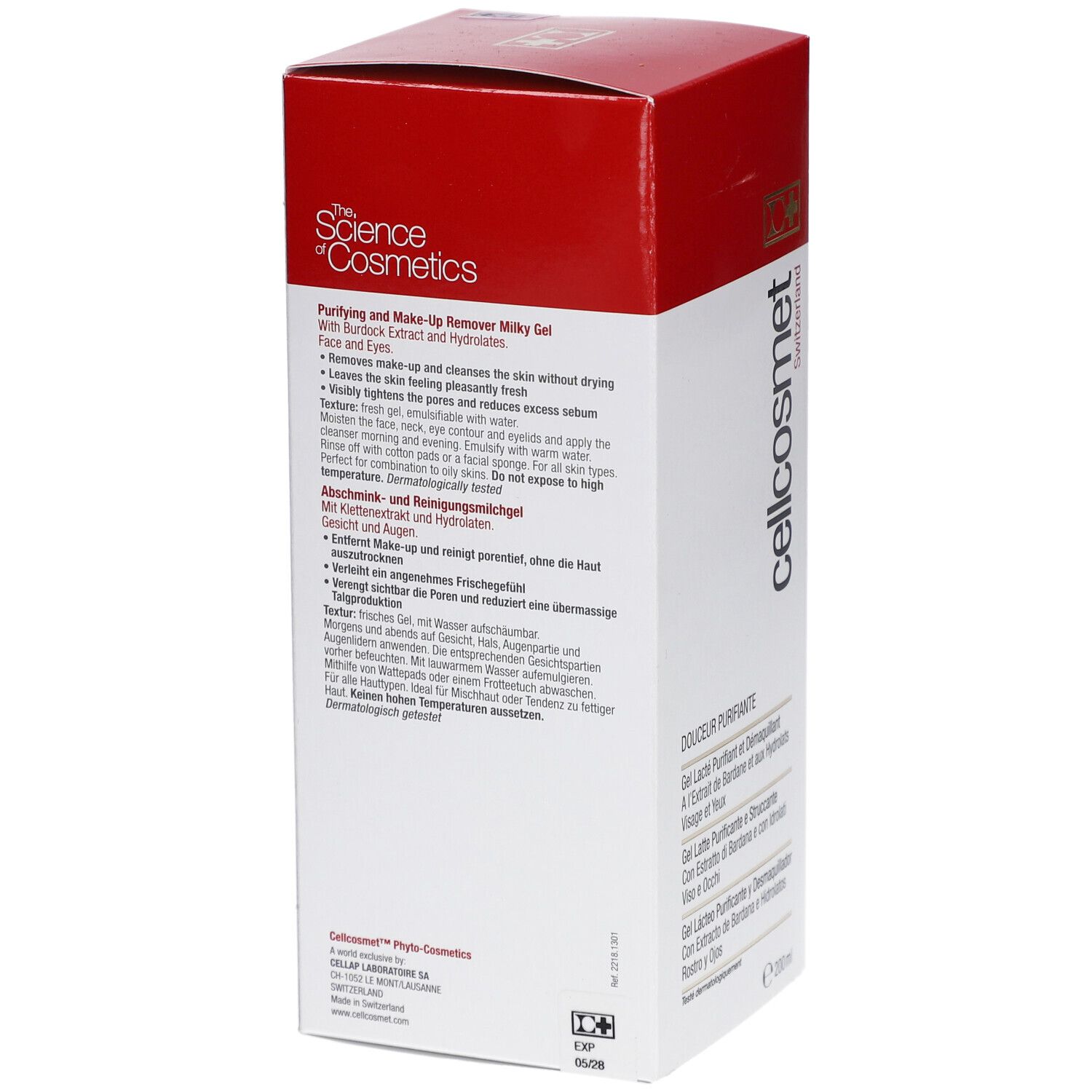 Rückseite der weiß-roten Verpackung. Text in mehreren Sprachen. Aufschrift: cellcosmet. Herkunftsland: Schweiz. Siegel.