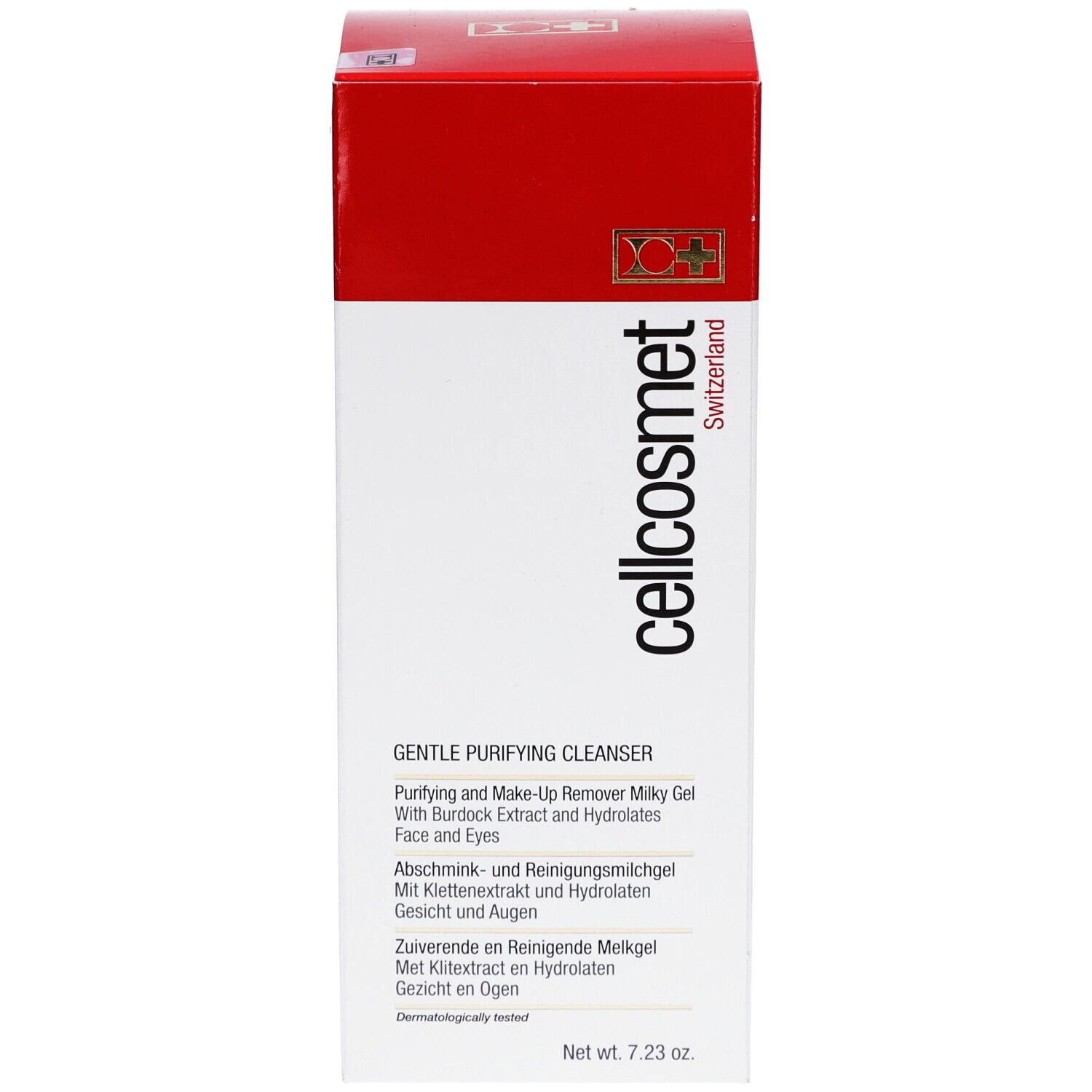 Weiß-rote Verpackung mit Produktinformationen. Aufschrift: cellcosmet, Gentle Purifying Cleanser. Herkunftsland: Schweiz.