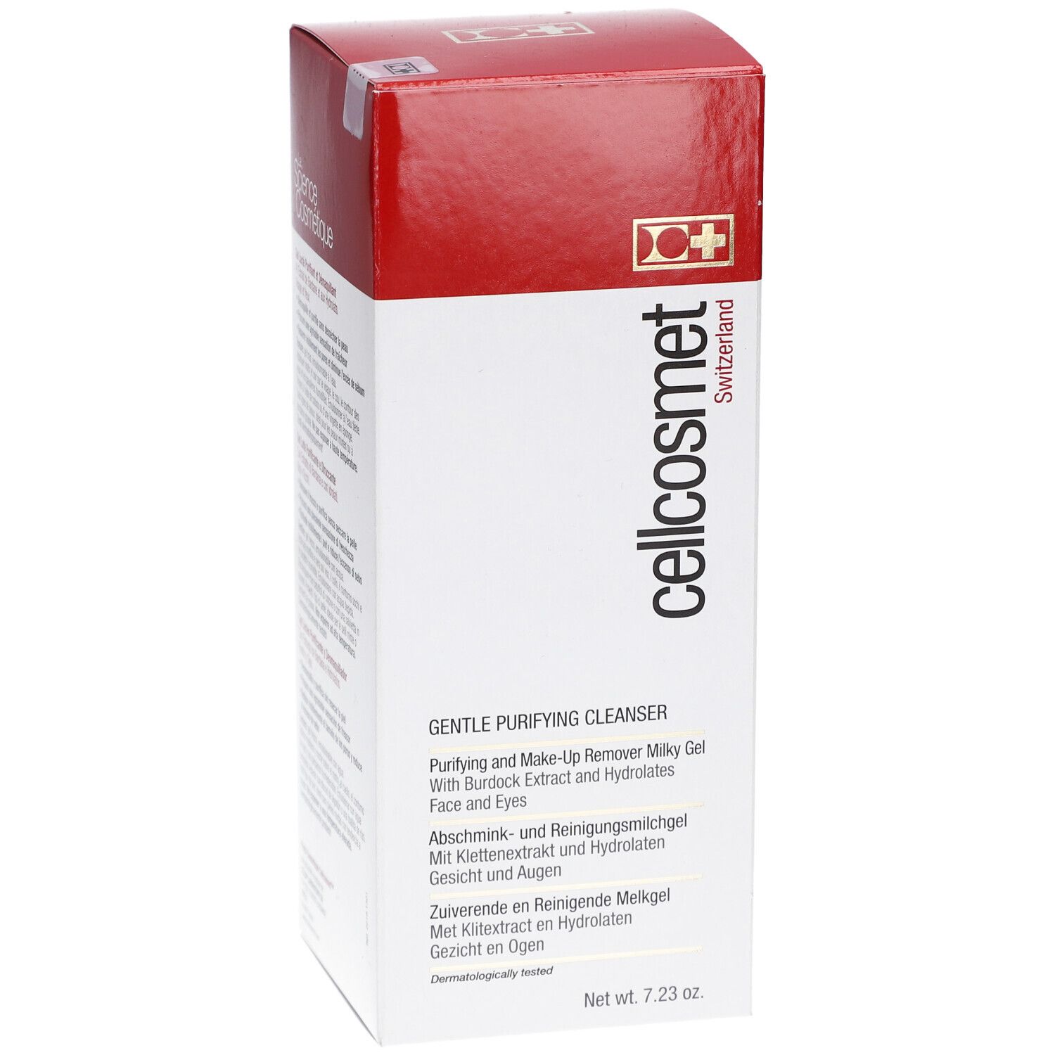 Weiß-rote Verpackung mit Produktinformationen. Aufschrift: cellcosmet, Gentle Purifying Cleanser. Herkunftsland: Schweiz.