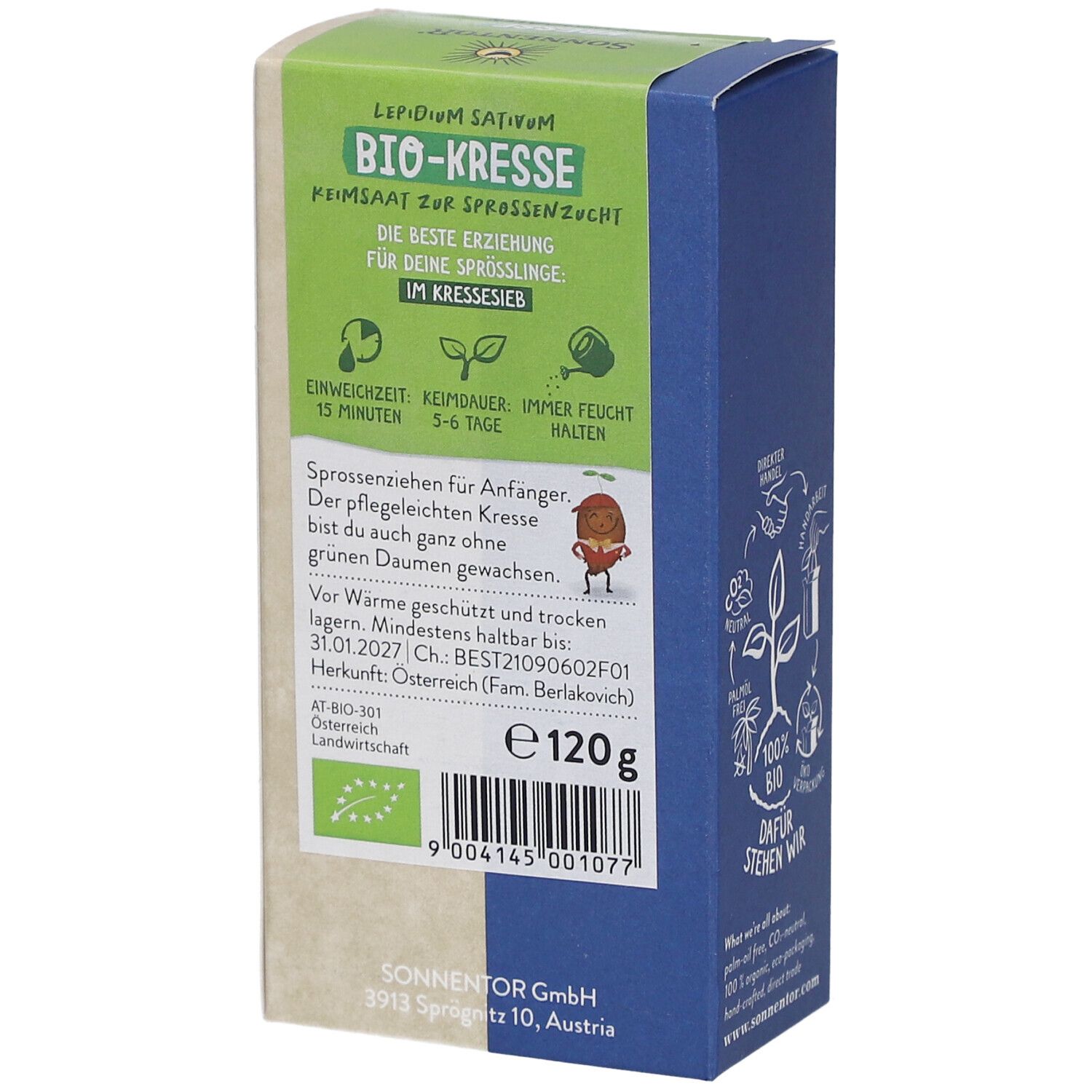 Rückseite der Verpackung mit Text und Informationen. Bio-Siegel. Gewicht: 120g. Marke Sonnentor. Haltbarkeit bis 31.01.2027.