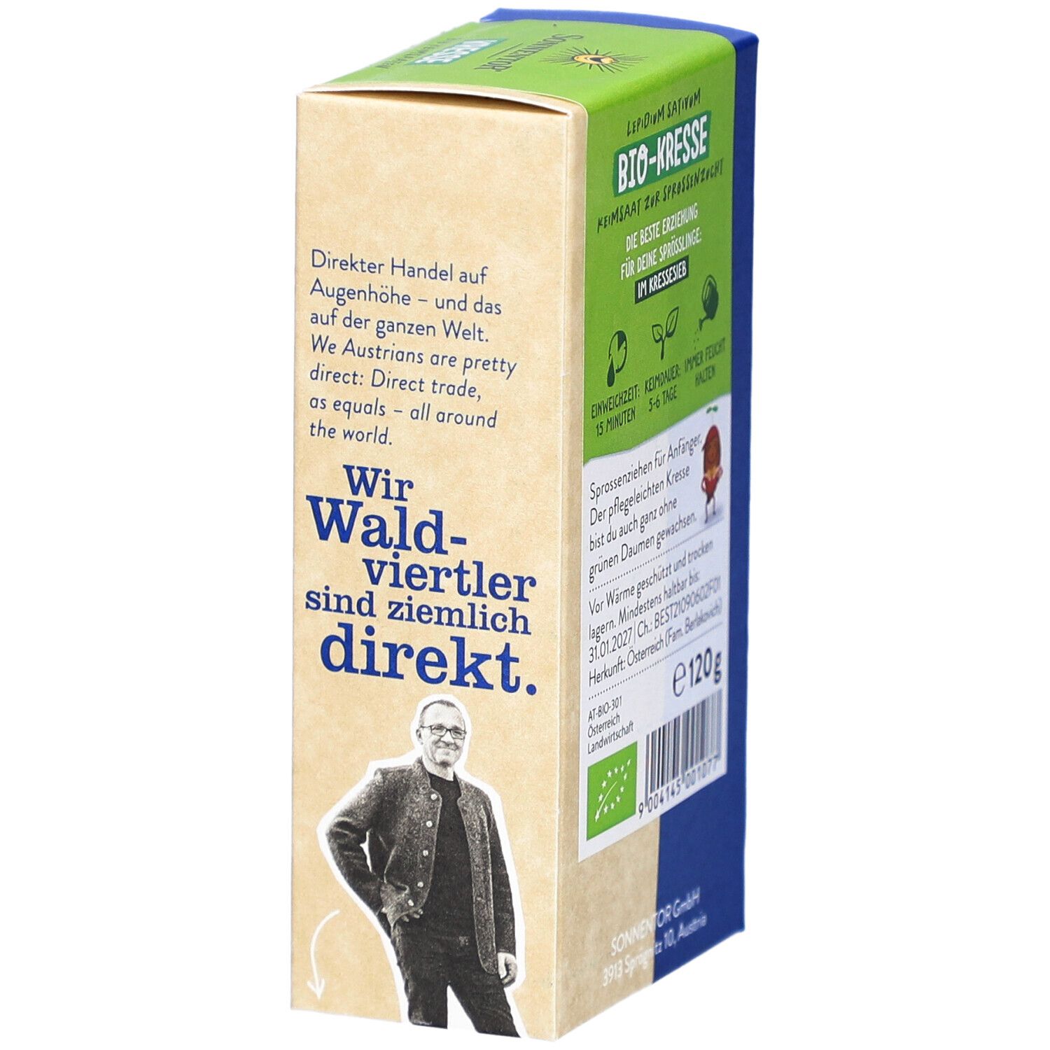 Verpackung mit Text und Informationen. Bio-Siegel. Marke Sonnentor. Bild einer Person. Text: Direkter Handel.