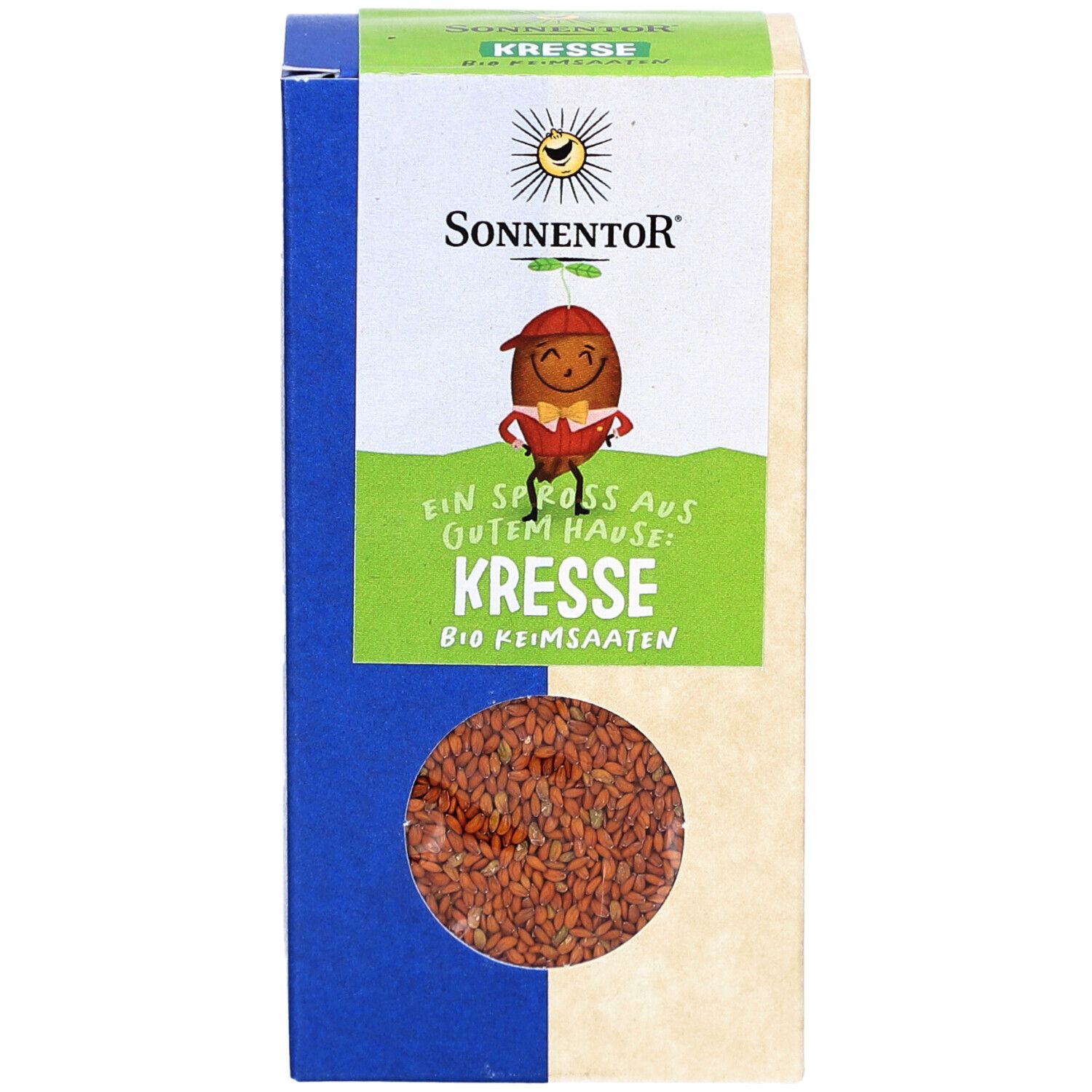 Kresse Bio Keimsaaten in rechteckiger Verpackung. Sichtfenster zeigt Samen. Marke Sonnentor, Logo mit Figur.