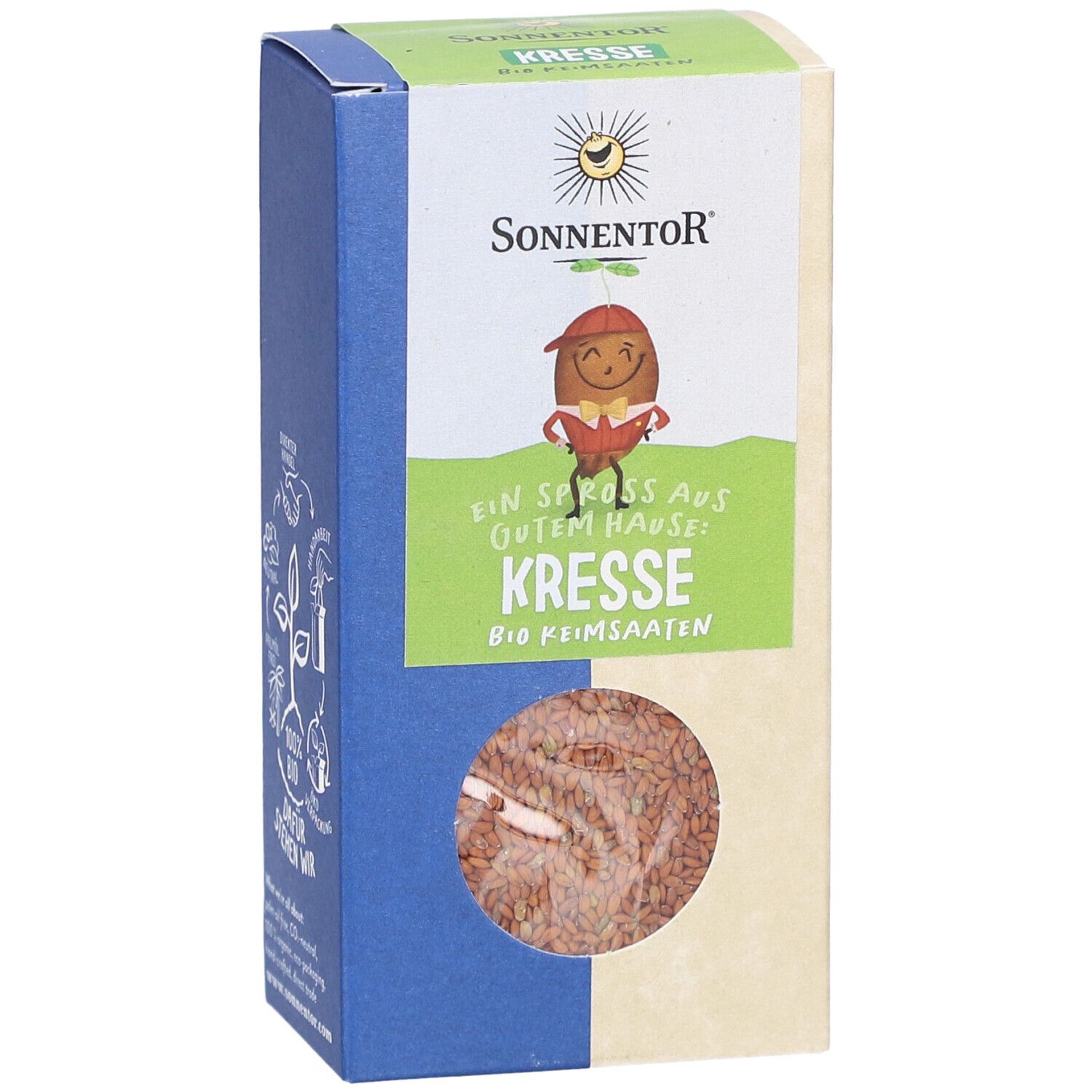 Kresse Bio Keimsaaten in rechteckiger Verpackung. Sichtfenster zeigt Samen. Marke Sonnentor, Logo mit Figur.