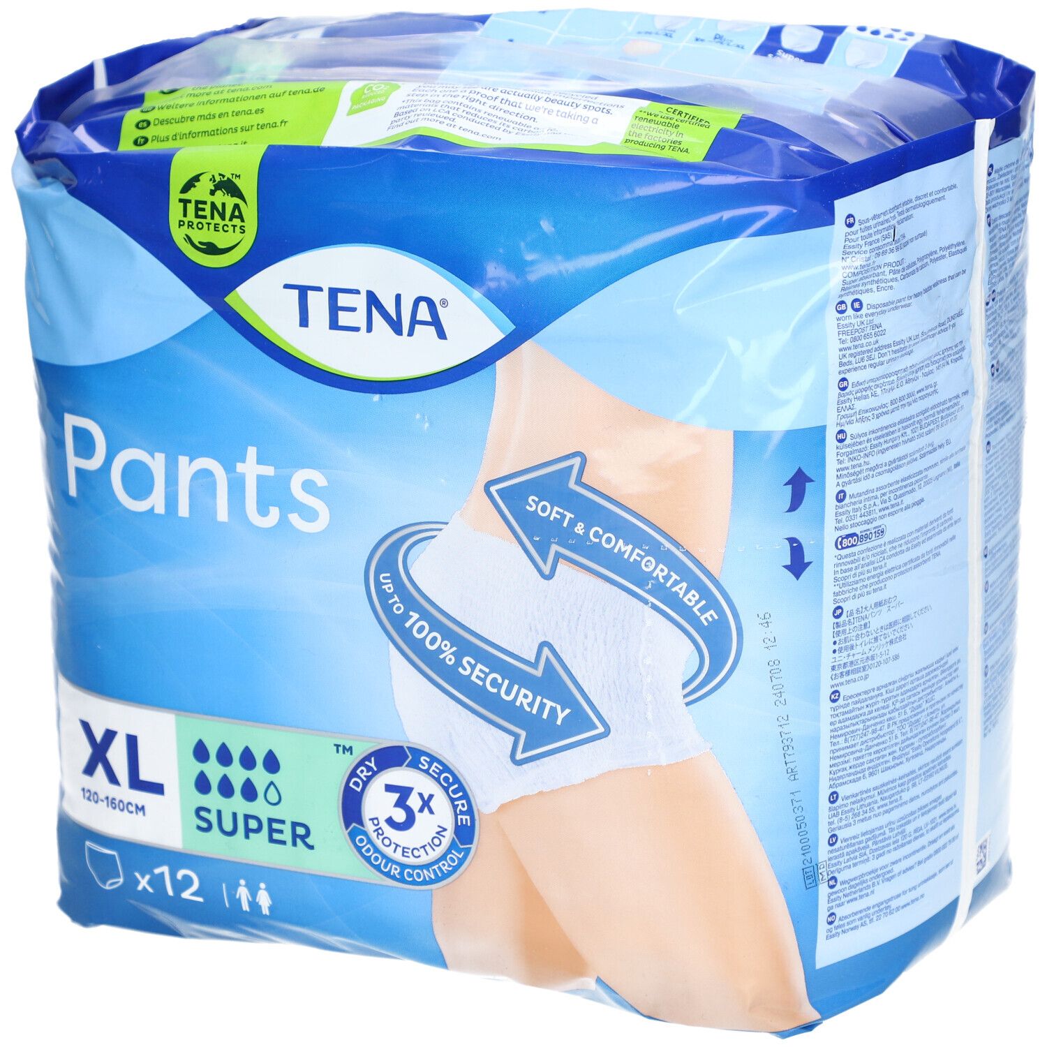 Verpackung TENA Pants Super, XL, 12 Stück. Blaue Verpackung mit Produktabbildung. Text: XL, 120-160cm, Super, 3x Schutz, weich & bequem.