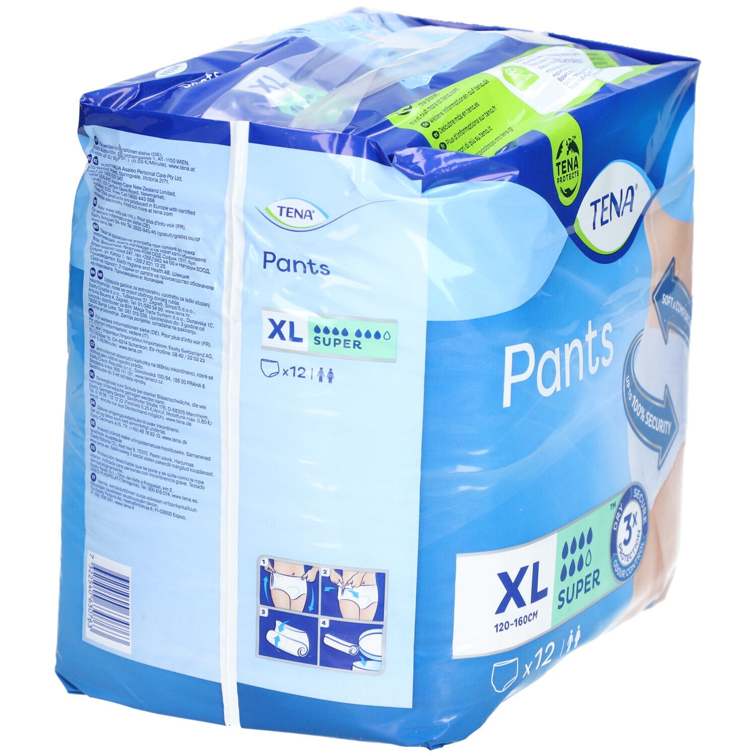 Verpackung TENA Pants Super, XL, 12 Stück. Blaue Verpackung mit Produktinformationen. Text: XL, 120-160cm, Super, 3x Schutz. Produktabbildungen.