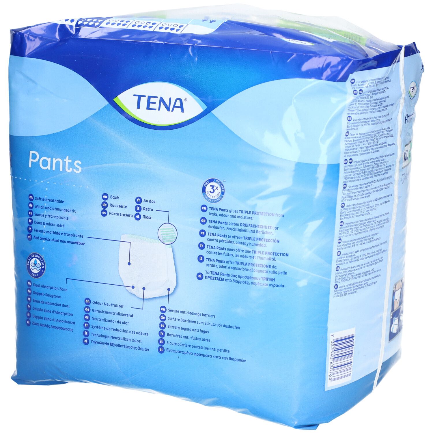 Verpackung TENA Pants Super, XL, 12 Stück. Blaue Verpackung mit Produktinformationen. Text: XL, 120-160cm, Super, 3x Schutz. Produktabbildung.