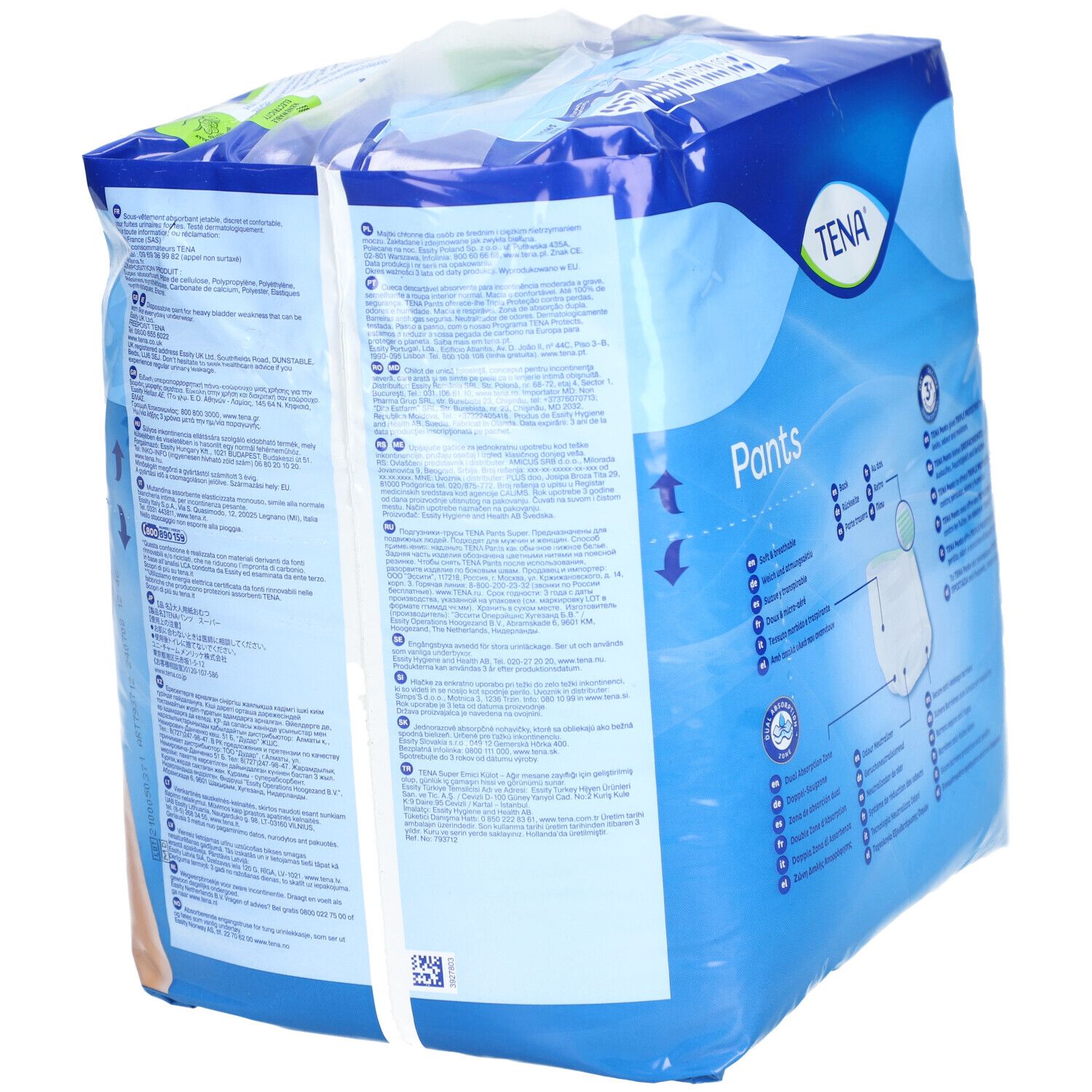 Verpackung TENA Pants Super, XL, 12 Stück. Blaue Verpackung mit Produktinformationen. Text: XL, 120-160cm, Super, 3x Schutz. Produktabbildung.