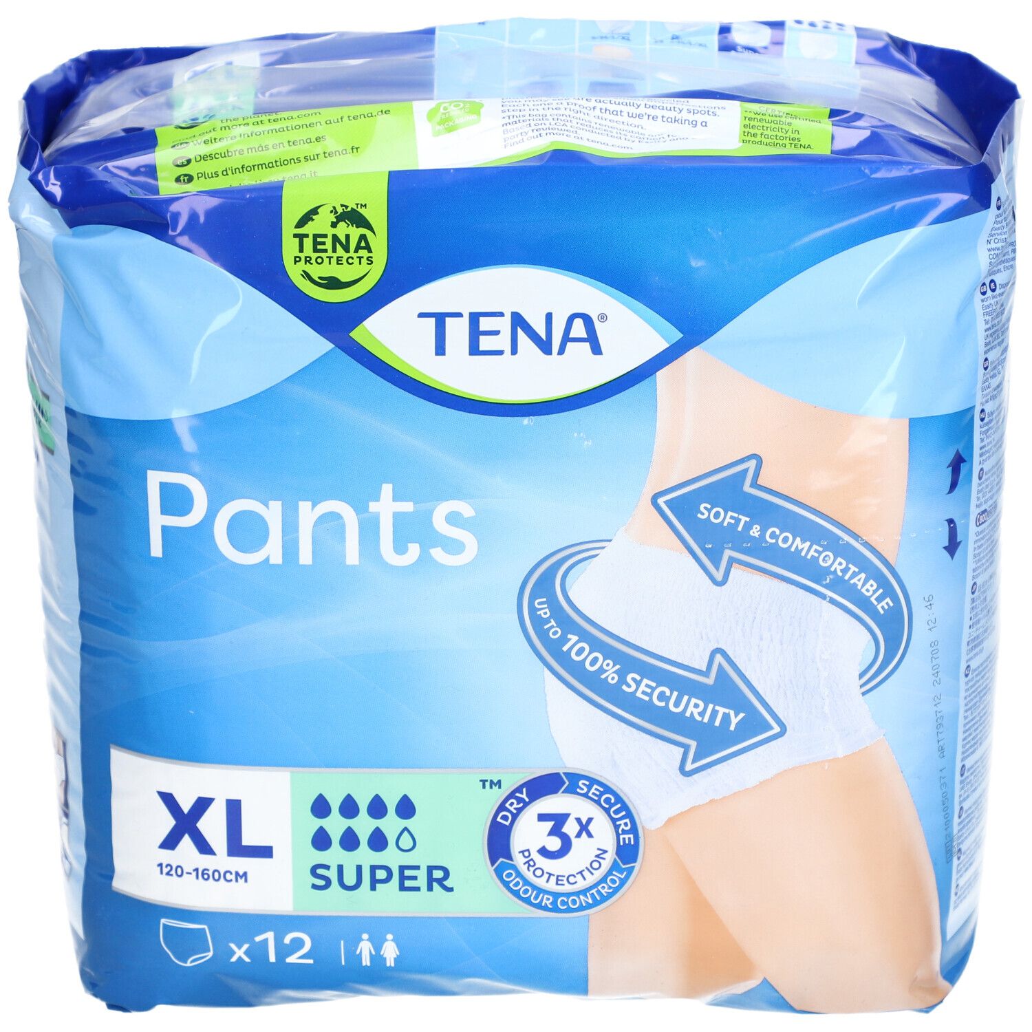 Verpackung TENA Pants Super, XL, 12 Stück. Blaue Verpackung mit Produktabbildung. Text: XL, 120-160cm, Super, 3x Schutz, weich & bequem.