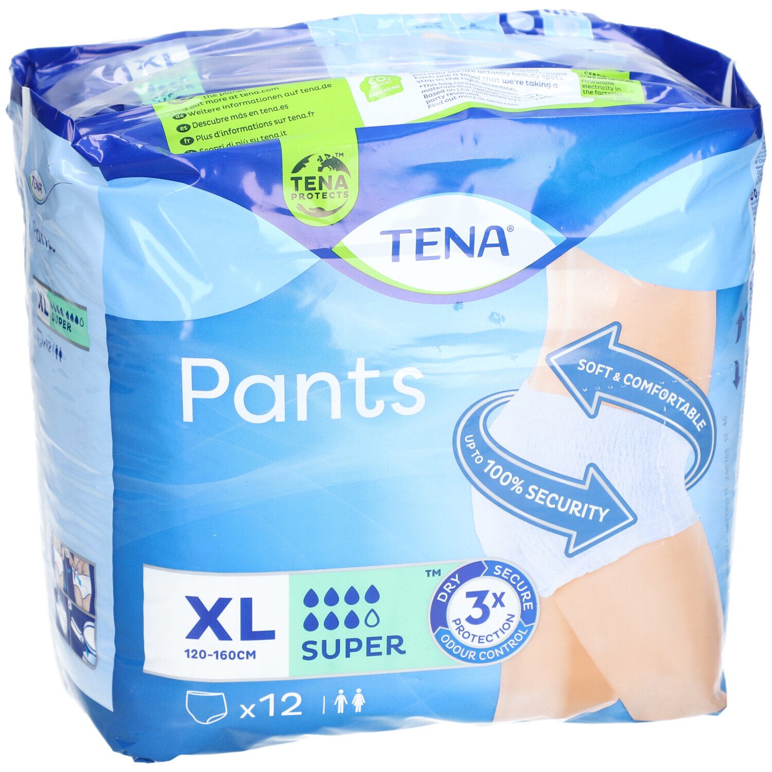 Verpackung TENA Pants Super, XL, 12 Stück. Blaue Verpackung mit Produktabbildung. Text: XL, 120-160cm, Super, 3x Schutz, weich & bequem.