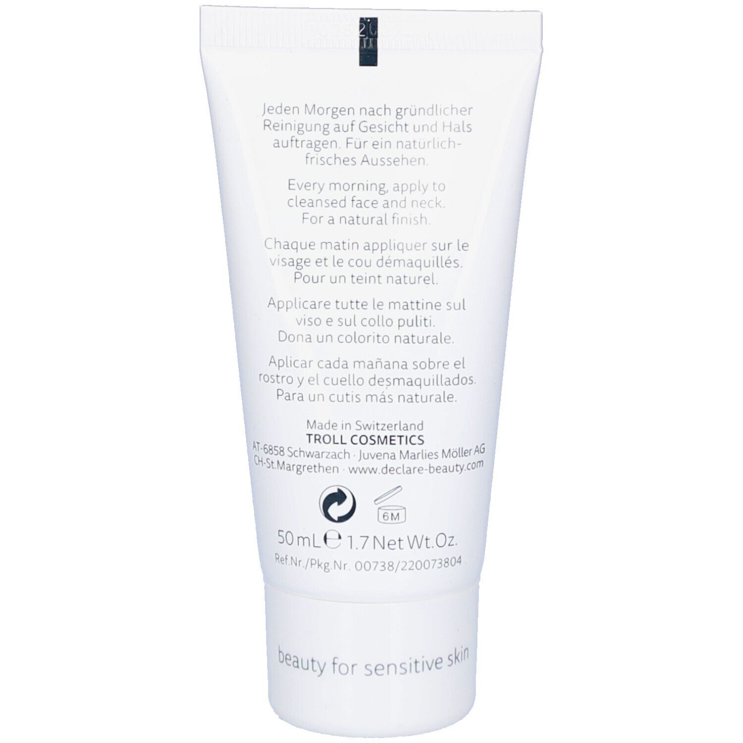 Rückseite einer weißen Tube. Text: Anwendungshinweise in Deutsch, Englisch, Französisch, Italienisch und Spanisch. 50ml.