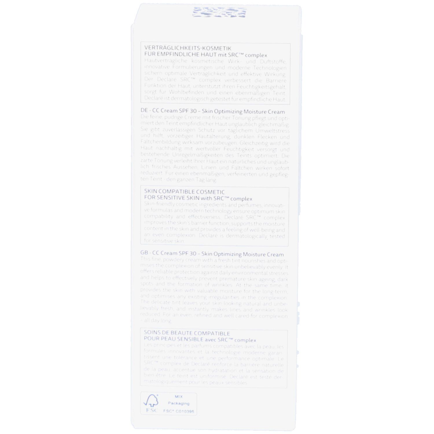 Weiße Schachtel, Text in mehreren Sprachen: Anwendungshinweise, Inhaltsstoffe. SRC-Siegel.