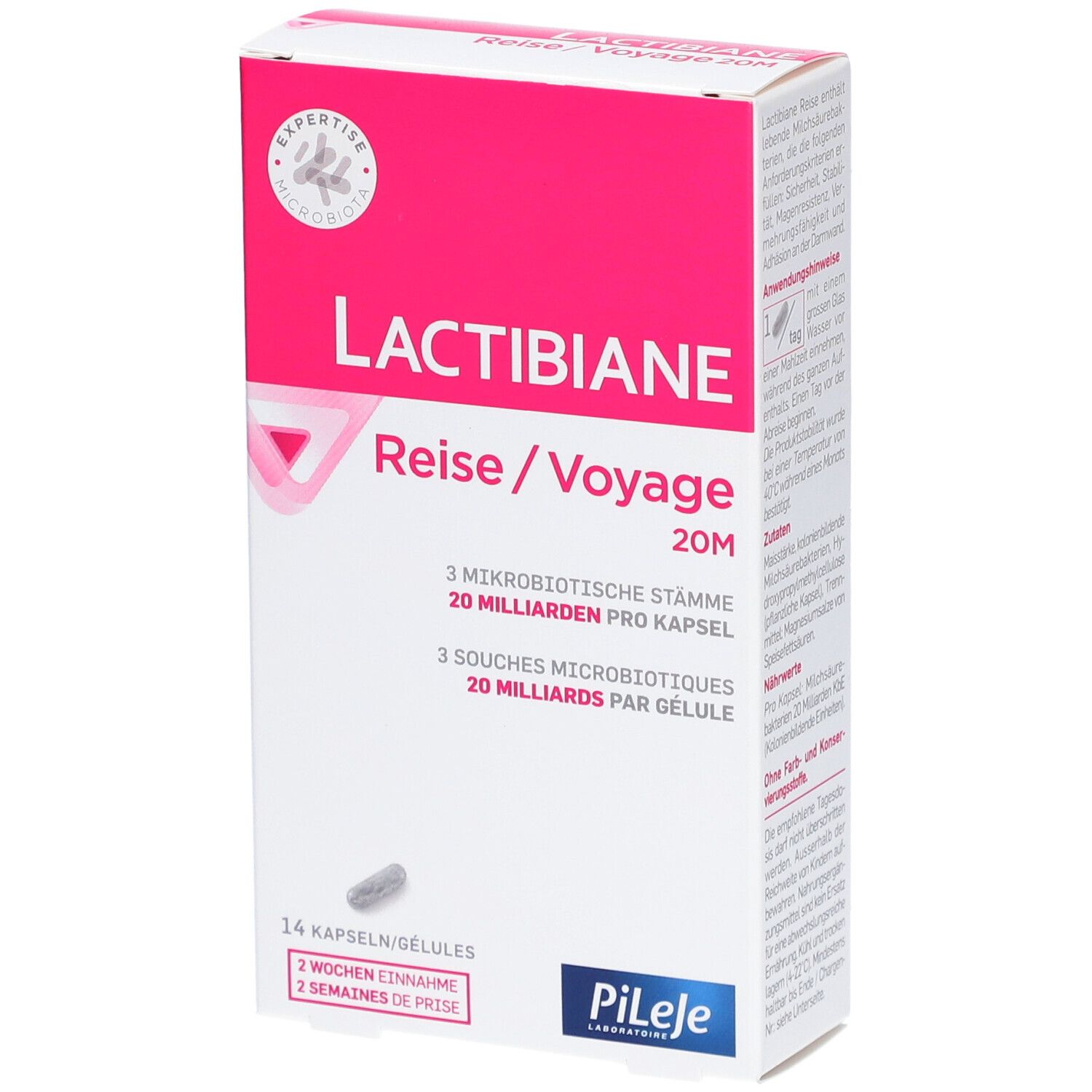 LACTIBIANE Reise/Voyage 20M-Verpackung. Weiße Schachtel mit rosa Akzenten. Enthält 14 Kapseln. Text in Deutsch und Französisch.